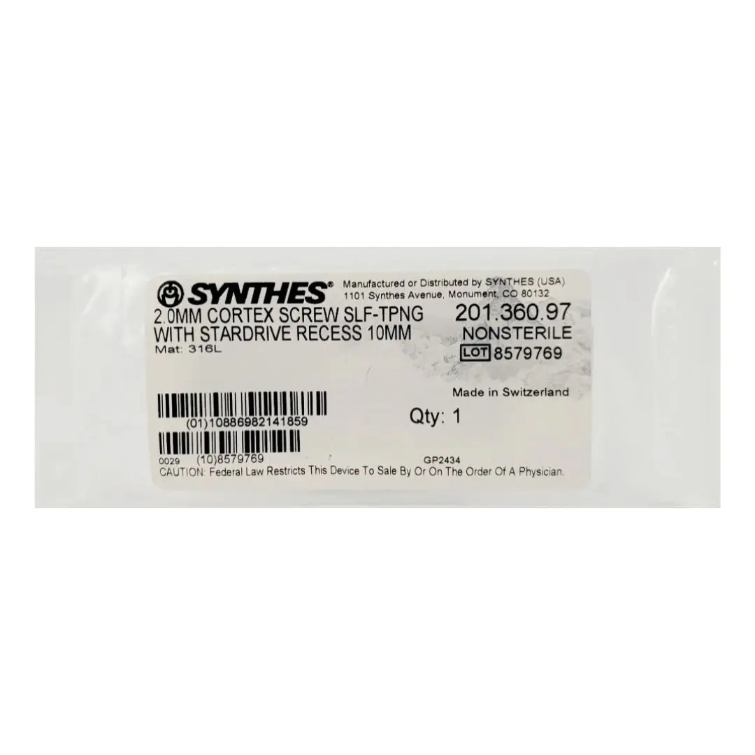 Synthes 201.360.97 2.0mm Cortex Screw Self-tapping with Stardrive Recess 10mm