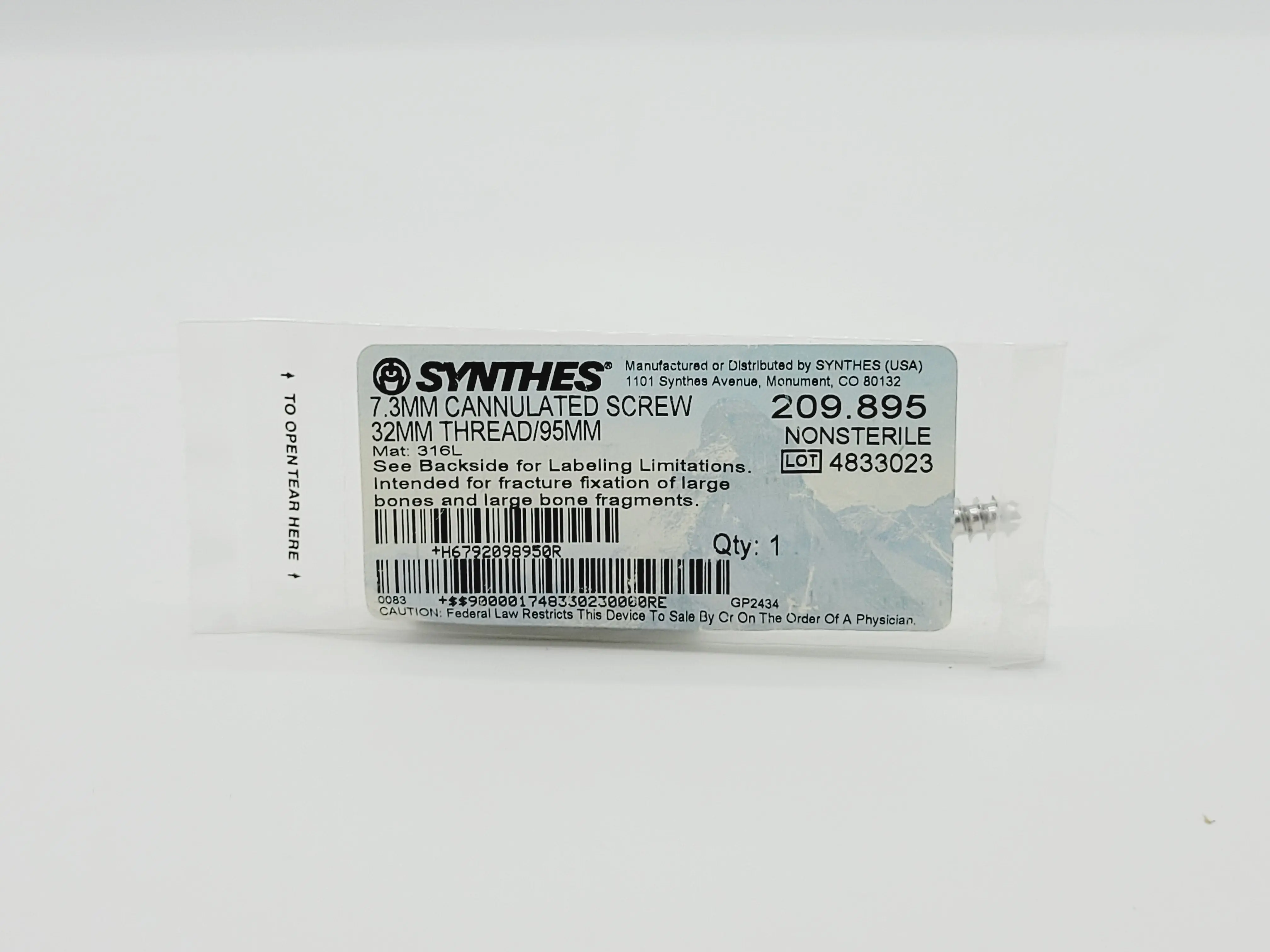 Synthes 209.895 7.3mm Cannulated Screw 32mm Thread/95mm - Image 2