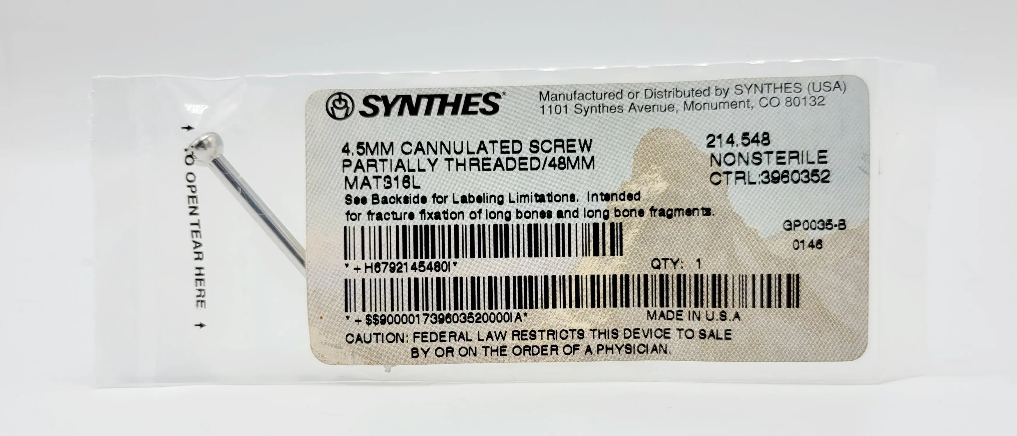 Synthes 214.548 4.5mm Cannulated Screw Partially Threaded/48mm - Image 2