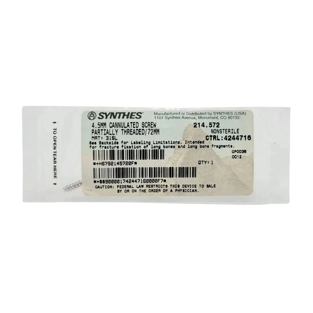 Synthes 214.572 4.5mm Cannulated Screw Partially Threaded/72mm