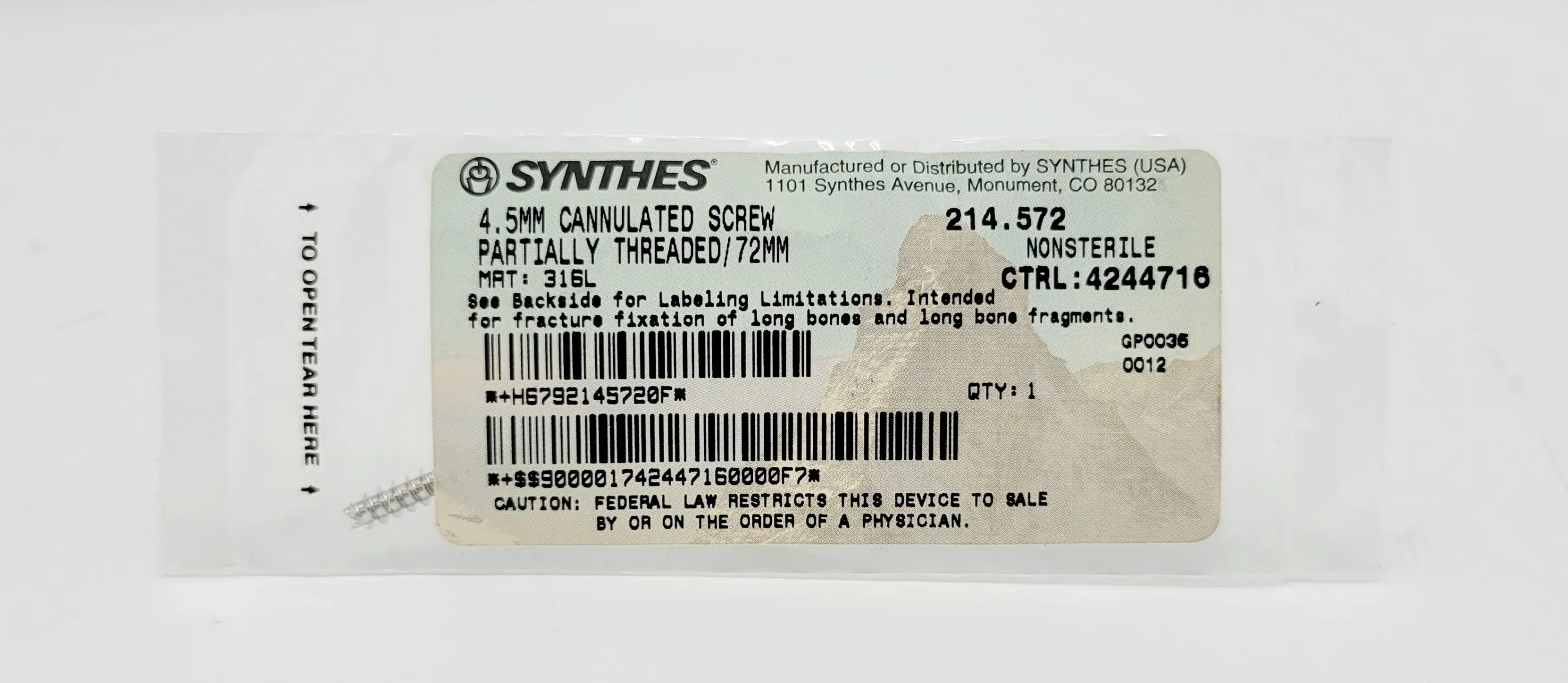 Synthes 214.572 4.5mm Cannulated Screw Partially Threaded/72mm - Image 2