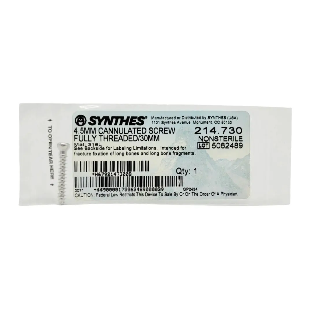 Synthes 214.730 4.5mm Cannulated Screw Fully Threaded/30mm