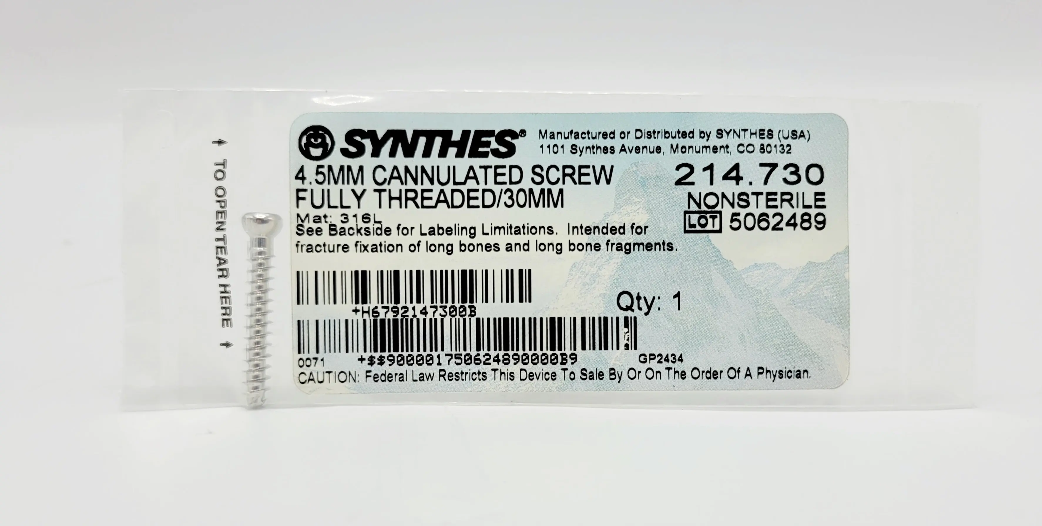 Synthes 214.730 4.5mm Cannulated Screw Fully Threaded/30mm - Image 2