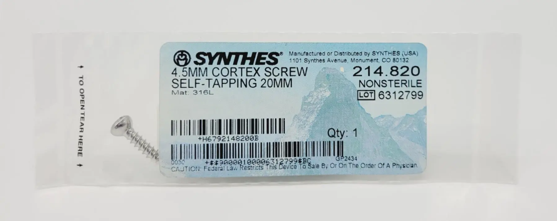 Synthes 214.820 4.5mm Cortex Screw Self-tapping 20mm - Image 2