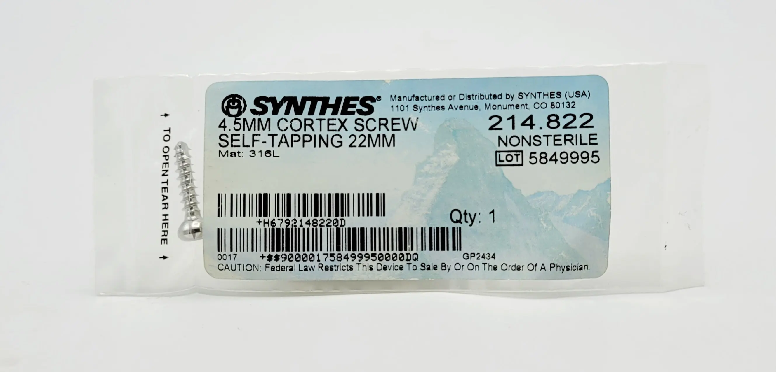 Synthes 214.822 4.5mm Cortex Screw Self-tapping 22mm - Image 2
