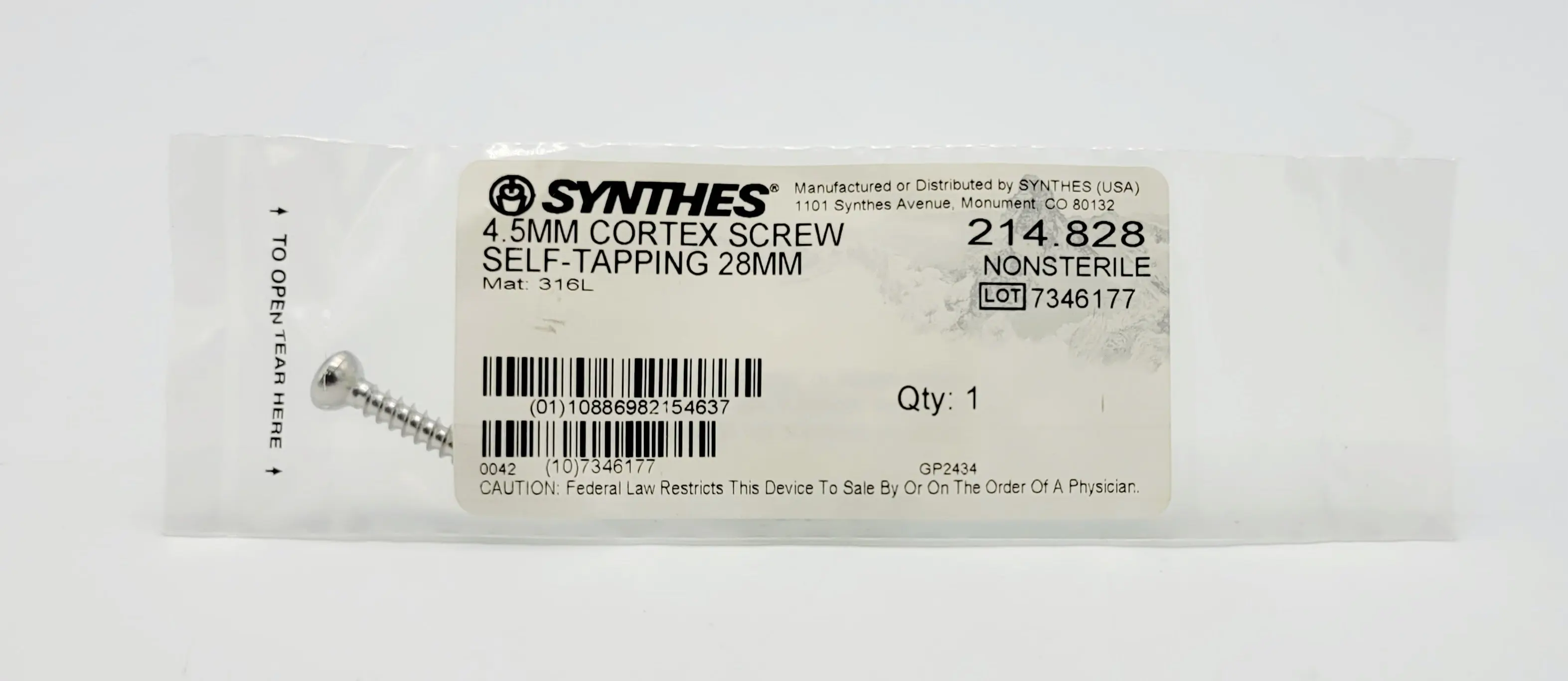 Synthes 214.828 4.5mm Cortex Screw Self-tapping 28mm - Image 2