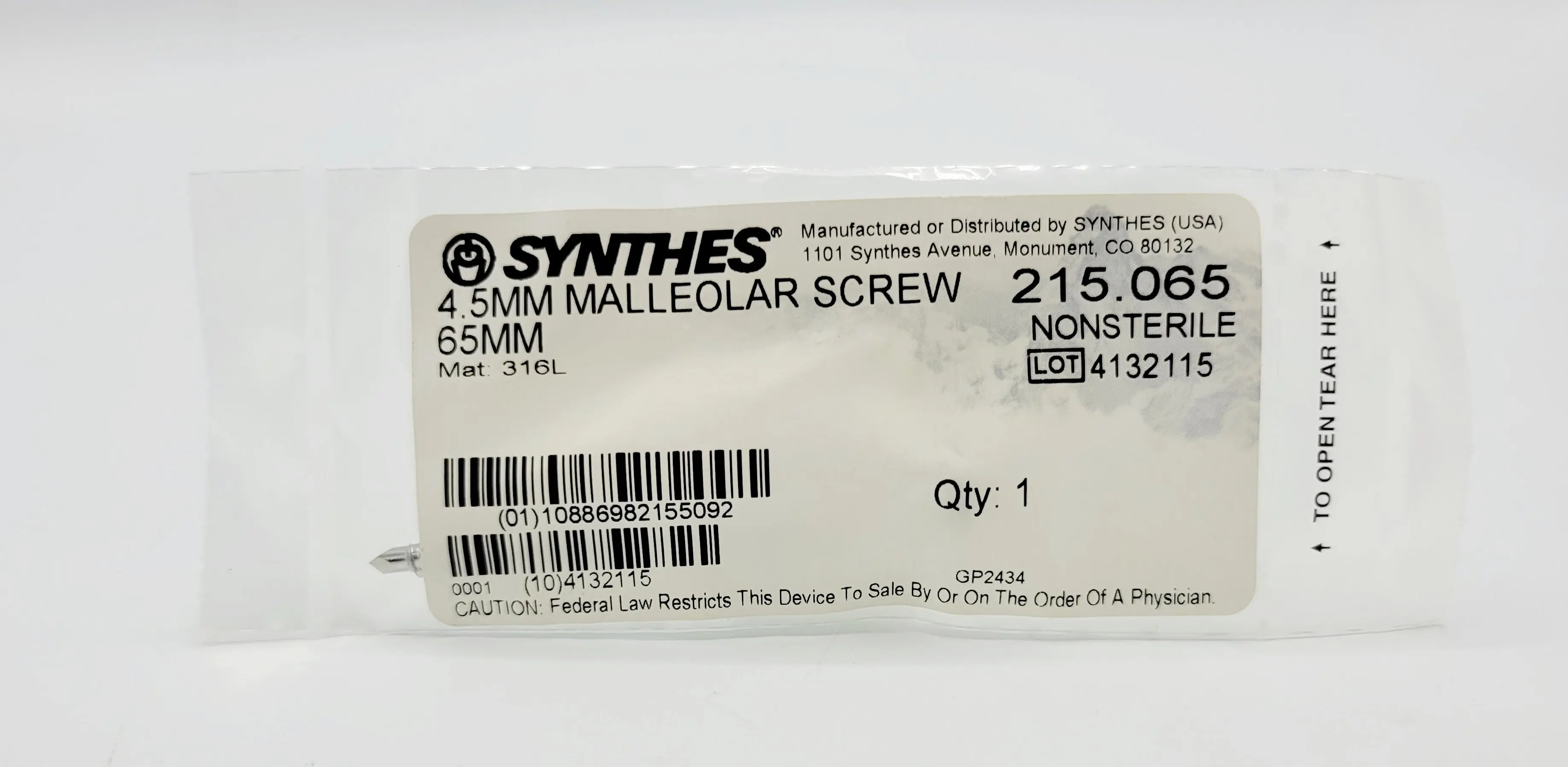 Synthes 215.065 4.5mm Malleolar Screw 65mm - Image 2