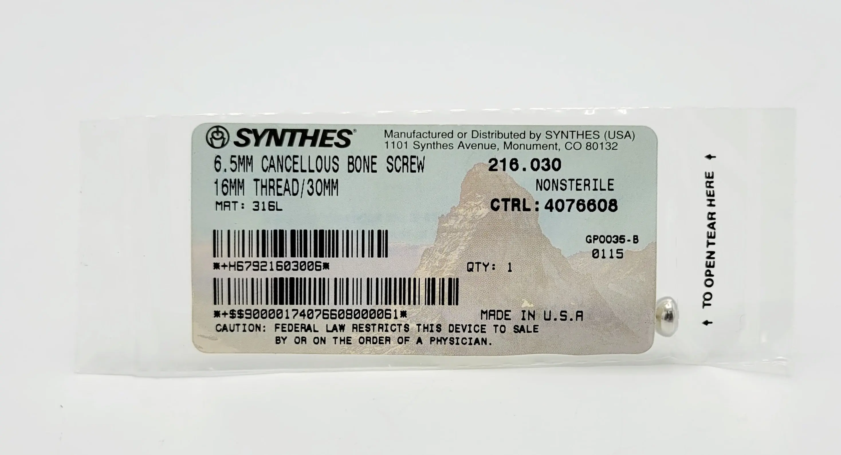 Synthes 216.030 6.5mm Cancellous Bone Screw 16mm Thread/30mm - Image 2