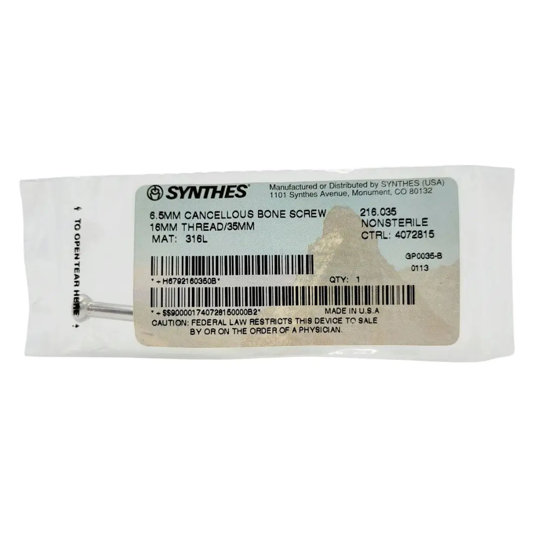 Synthes 216.035 6.5mm Cancellous Bone Screw 16mm Thread/35mm
