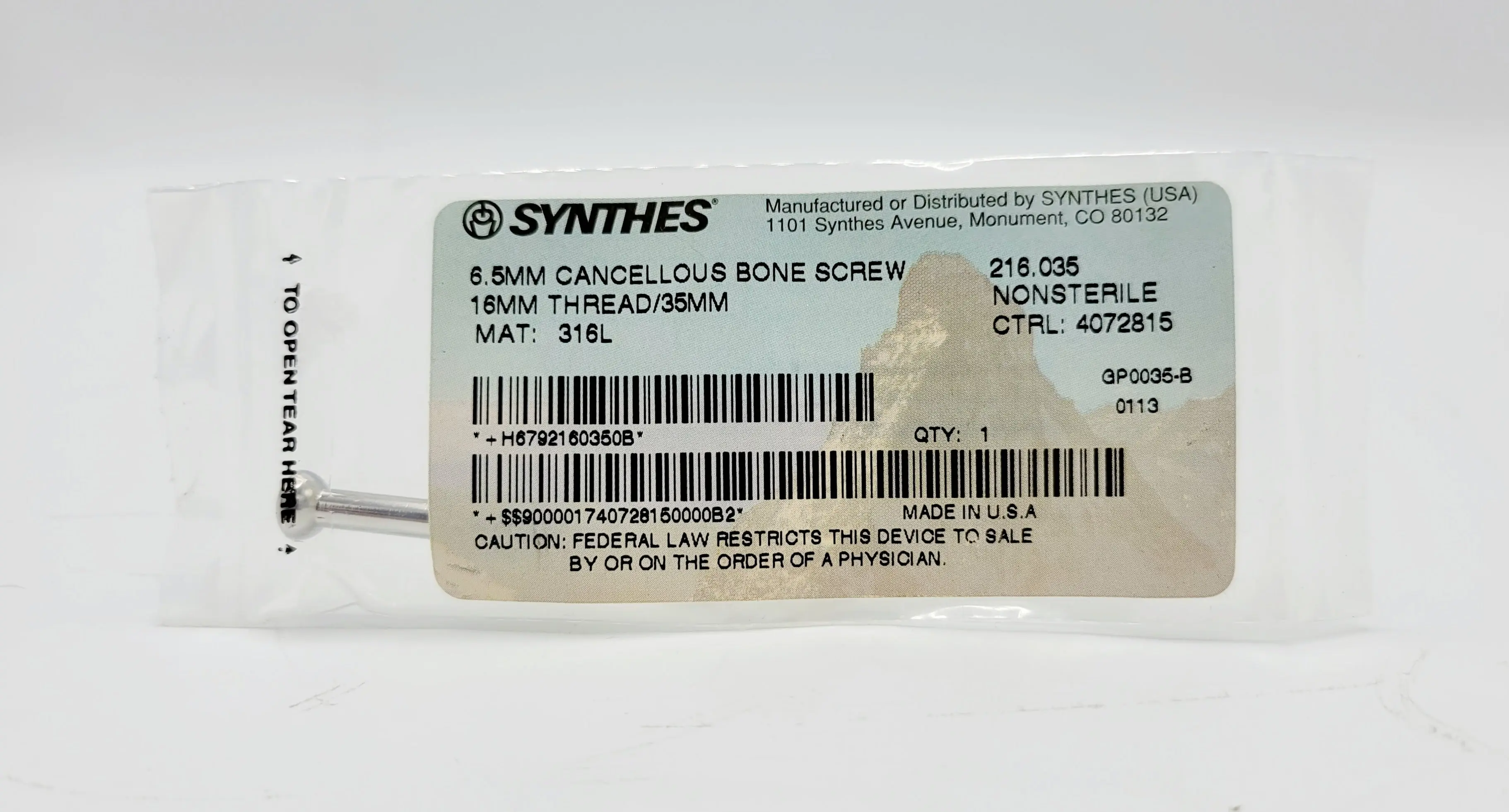 Synthes 216.035 6.5mm Cancellous Bone Screw 16mm Thread/35mm - Image 2