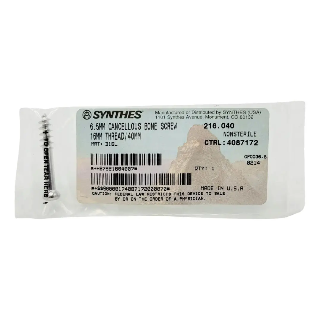Synthes 216.040 6.5mm Cancellous Bone Screw 16mm Thread/40mm