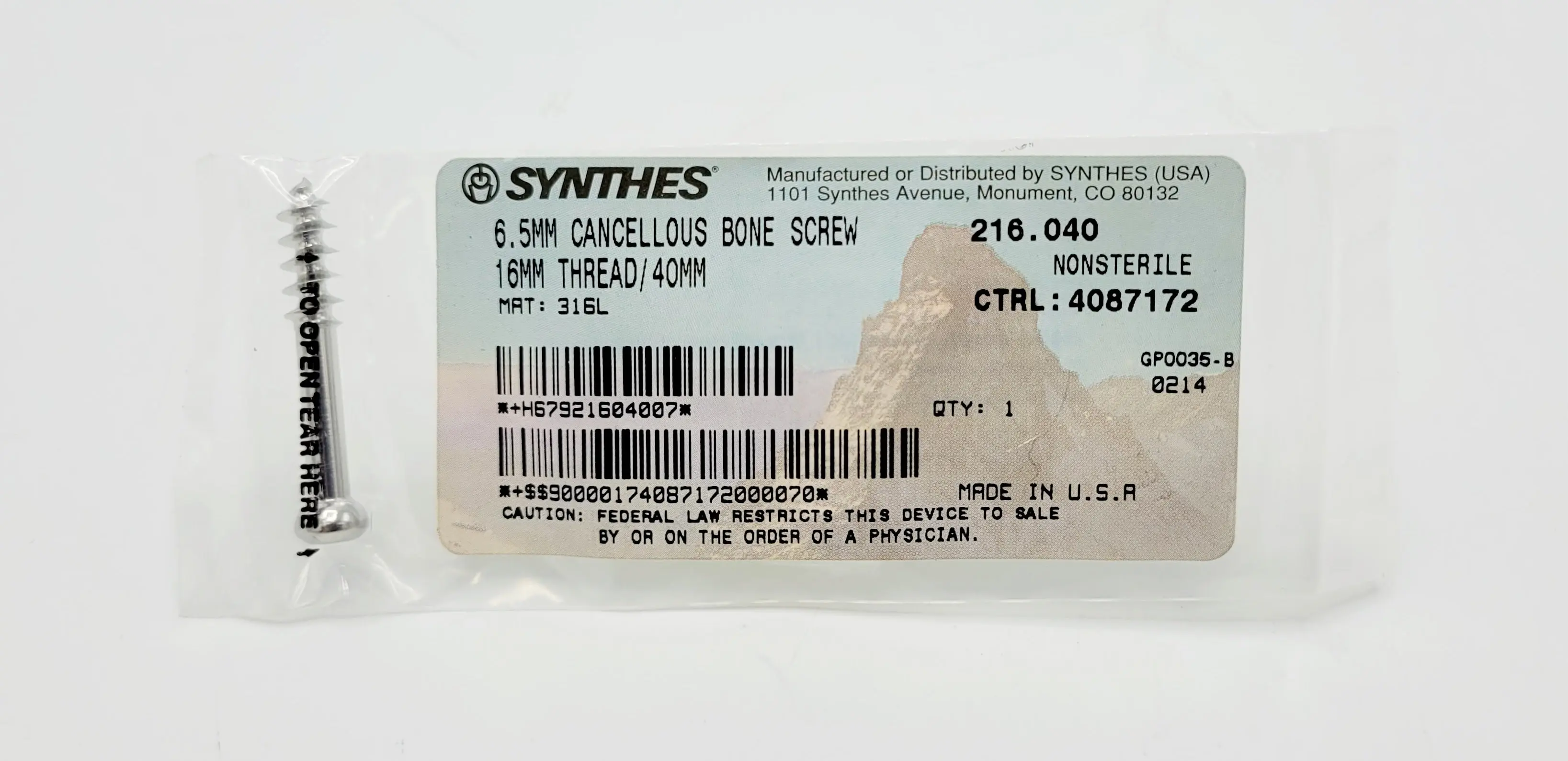 Synthes 216.040 6.5mm Cancellous Bone Screw 16mm Thread/40mm - Image 2