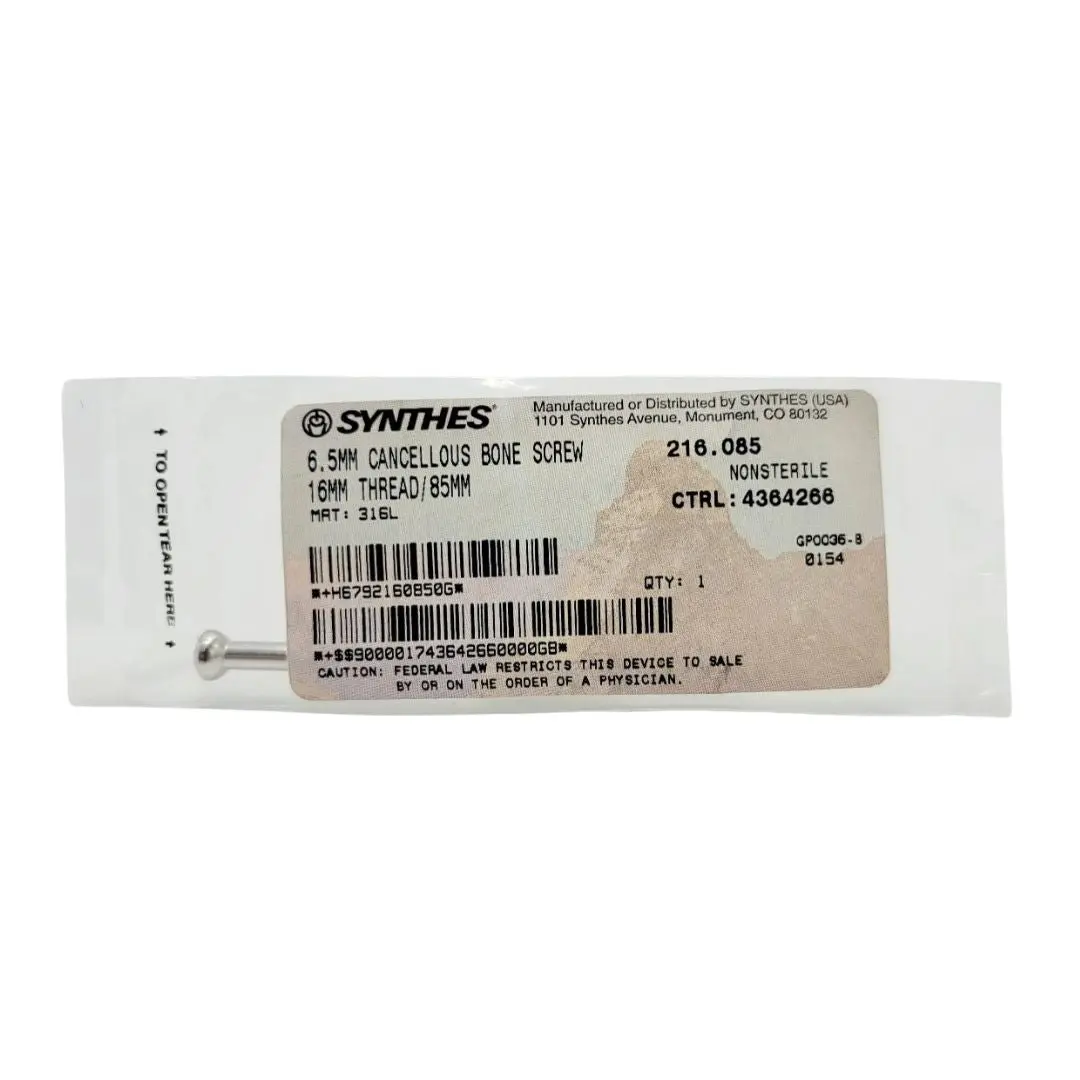 Synthes 216.085 6.5mm Cancellous Bone Screw 16mm Thread/85mm