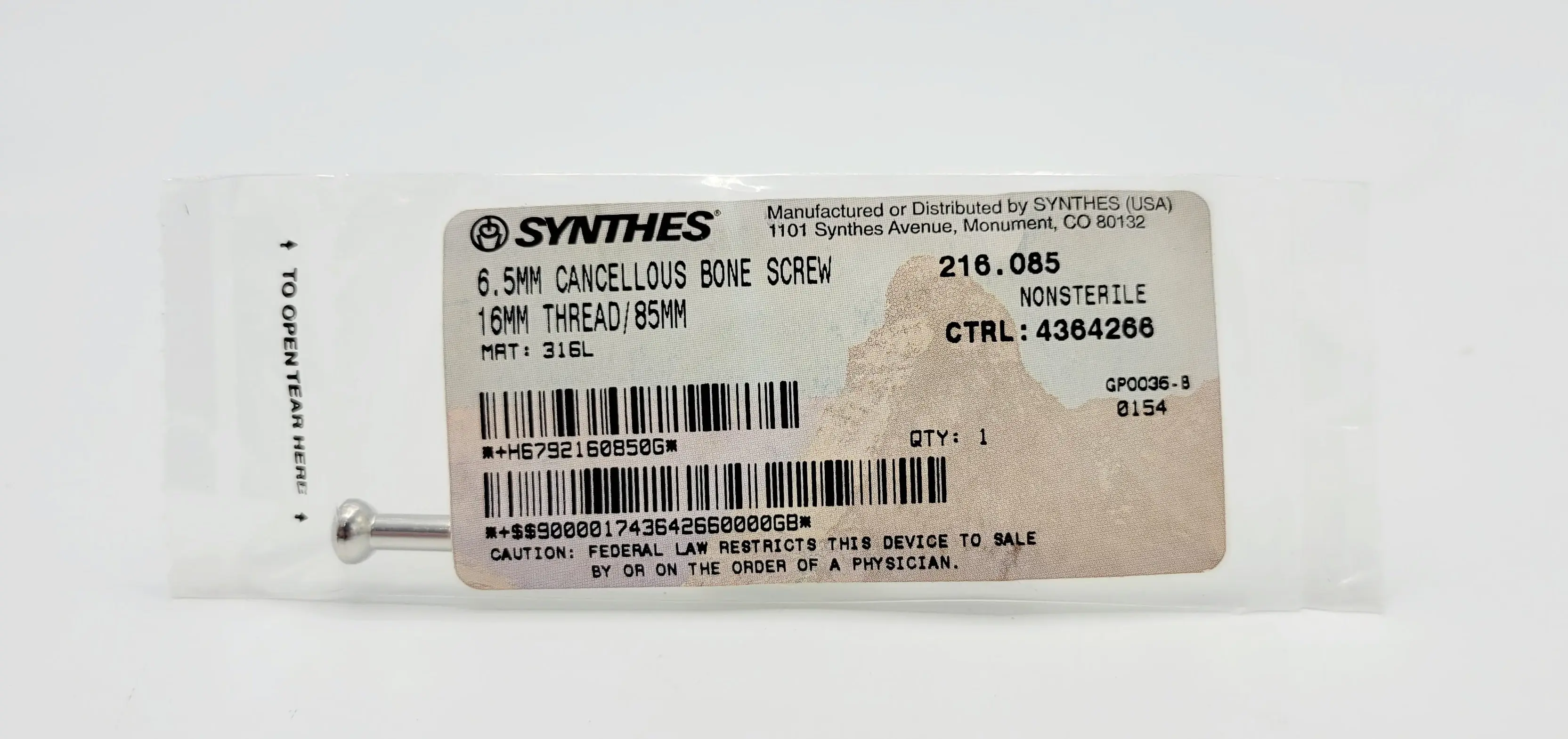 Synthes 216.085 6.5mm Cancellous Bone Screw 16mm Thread/85mm - Image 2