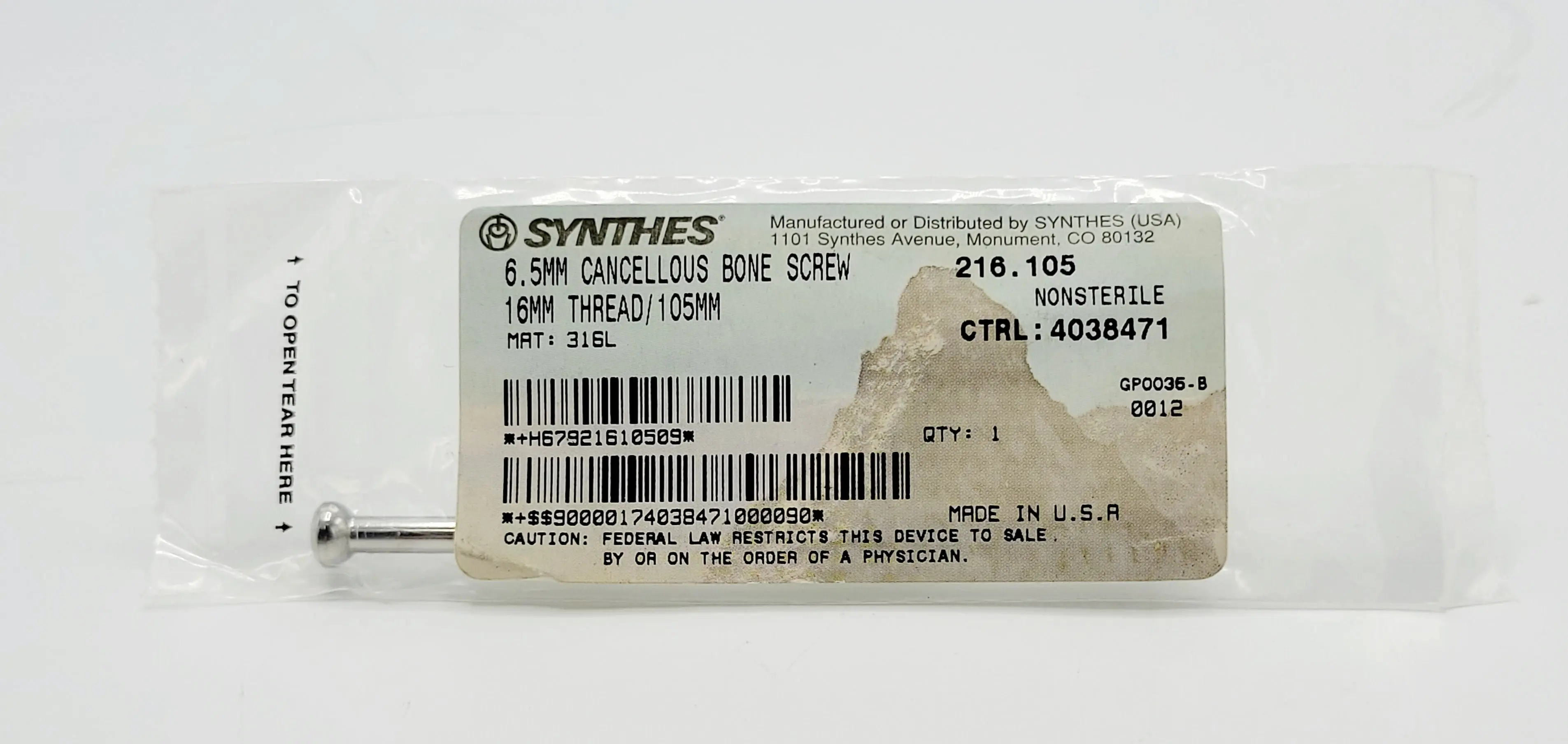 Synthes 216.105 6.5mm Cancellous Bone Screw 16mm Thread/105mm - Image 2