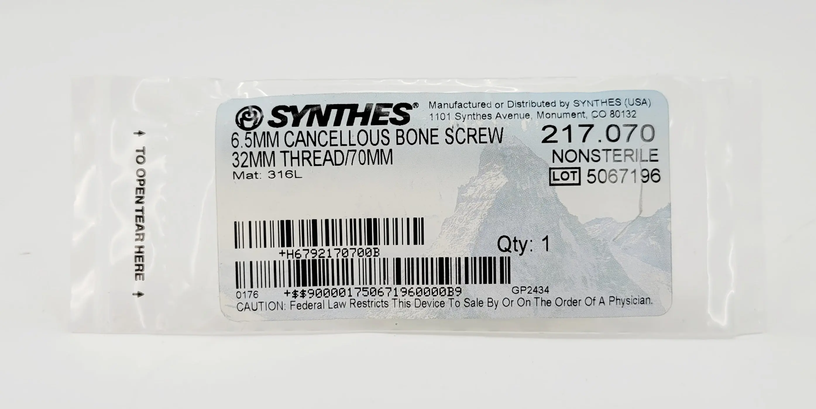 Synthes 217.070 6.5mm Cancellous Bone Screw 32mm Thread/70mm - Image 2