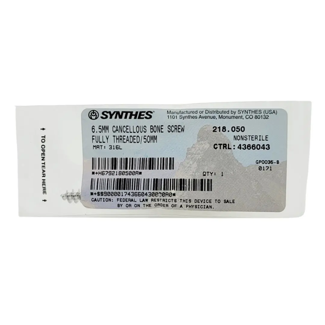 Synthes 218.050 6.5mm Cancellous Bone Screw Fully Threaded/50mm