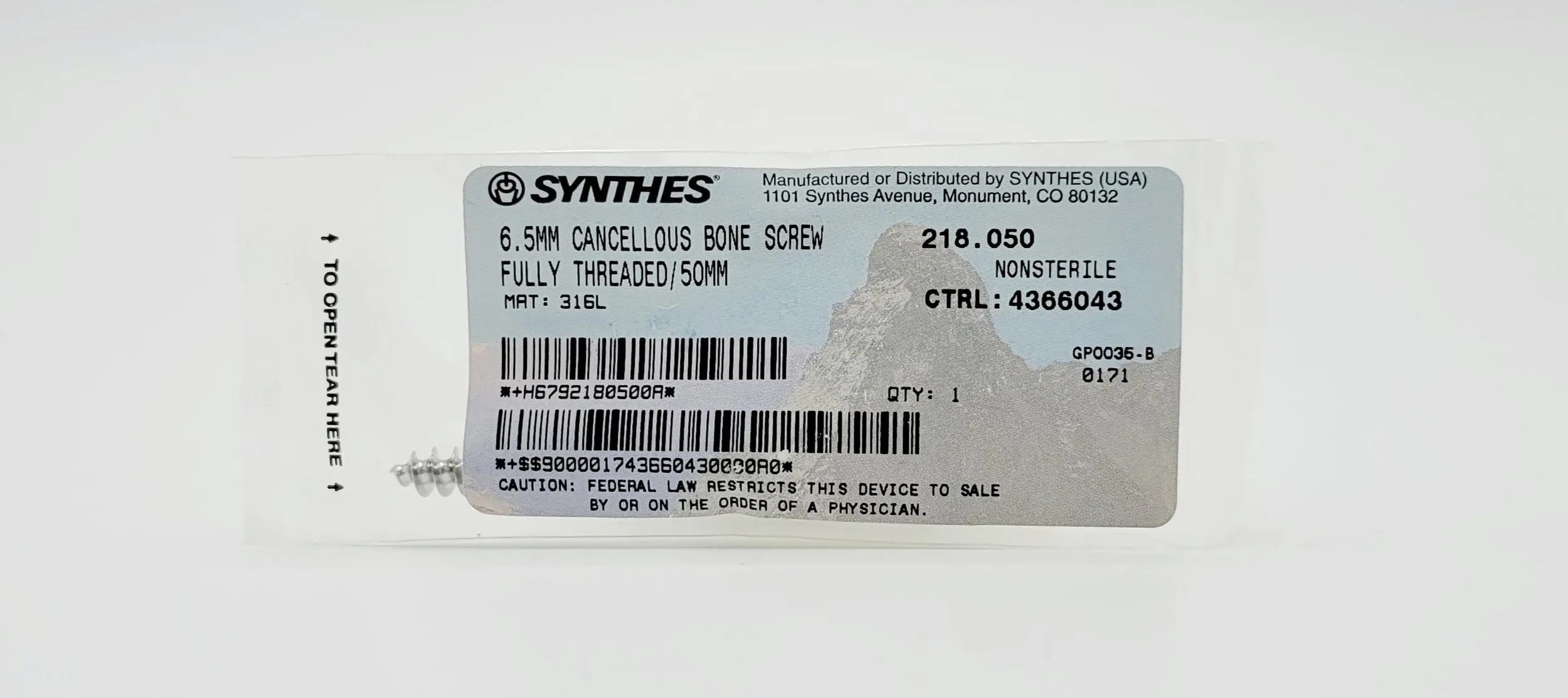 Synthes 218.050 6.5mm Cancellous Bone Screw Fully Threaded/50mm - Image 2