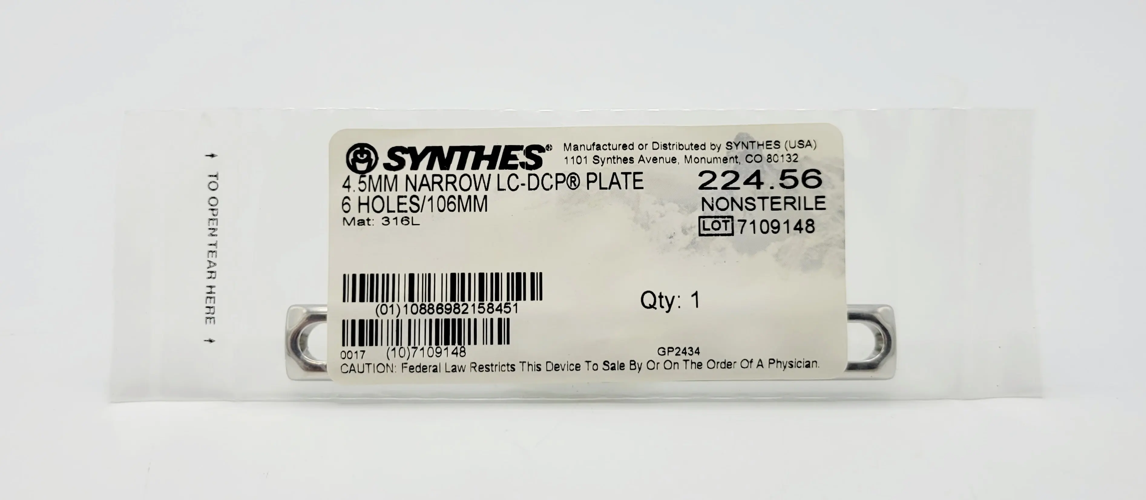 Synthes 224.56 4.5mm Narrow LC-DCP Plate 6 Holes/106mm - Image 2