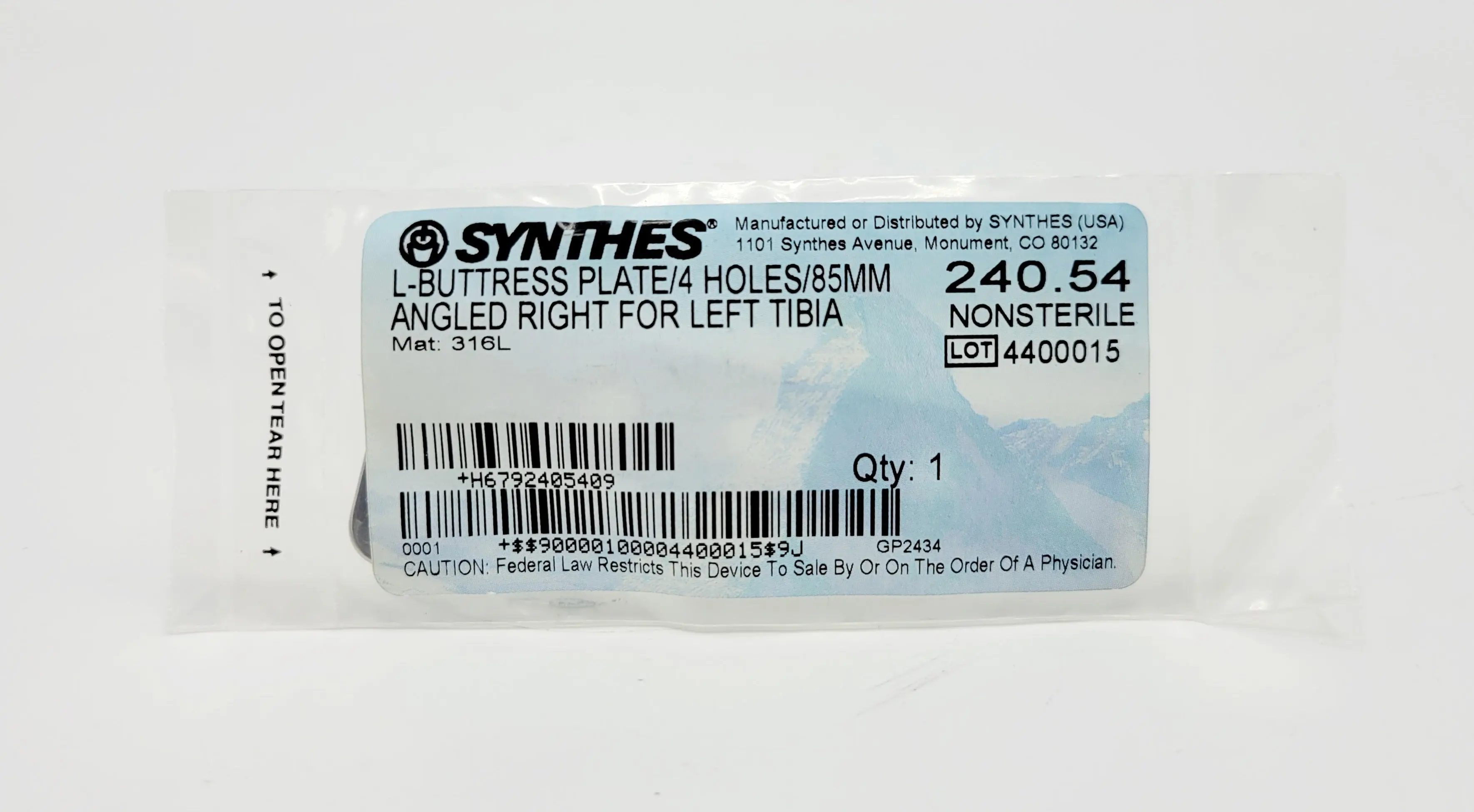 Synthes 240.54 L-Buttress Plate/4 Holes/85mm Angled Right For Left Tibia - Image 2