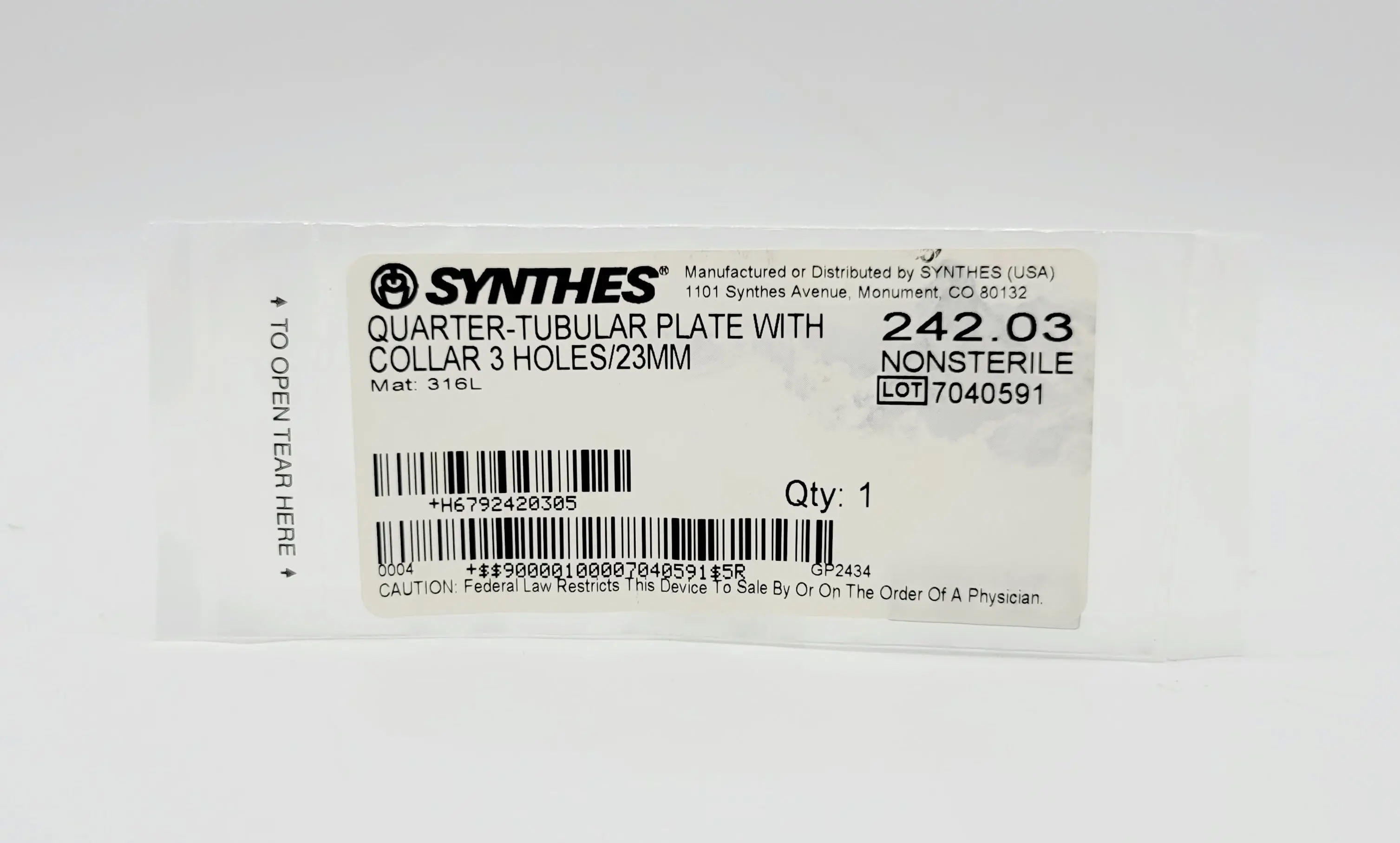 Synthes 242.03 Quarter-Tubular Plate w/ Collar 3 Holes/23mm - Image 2