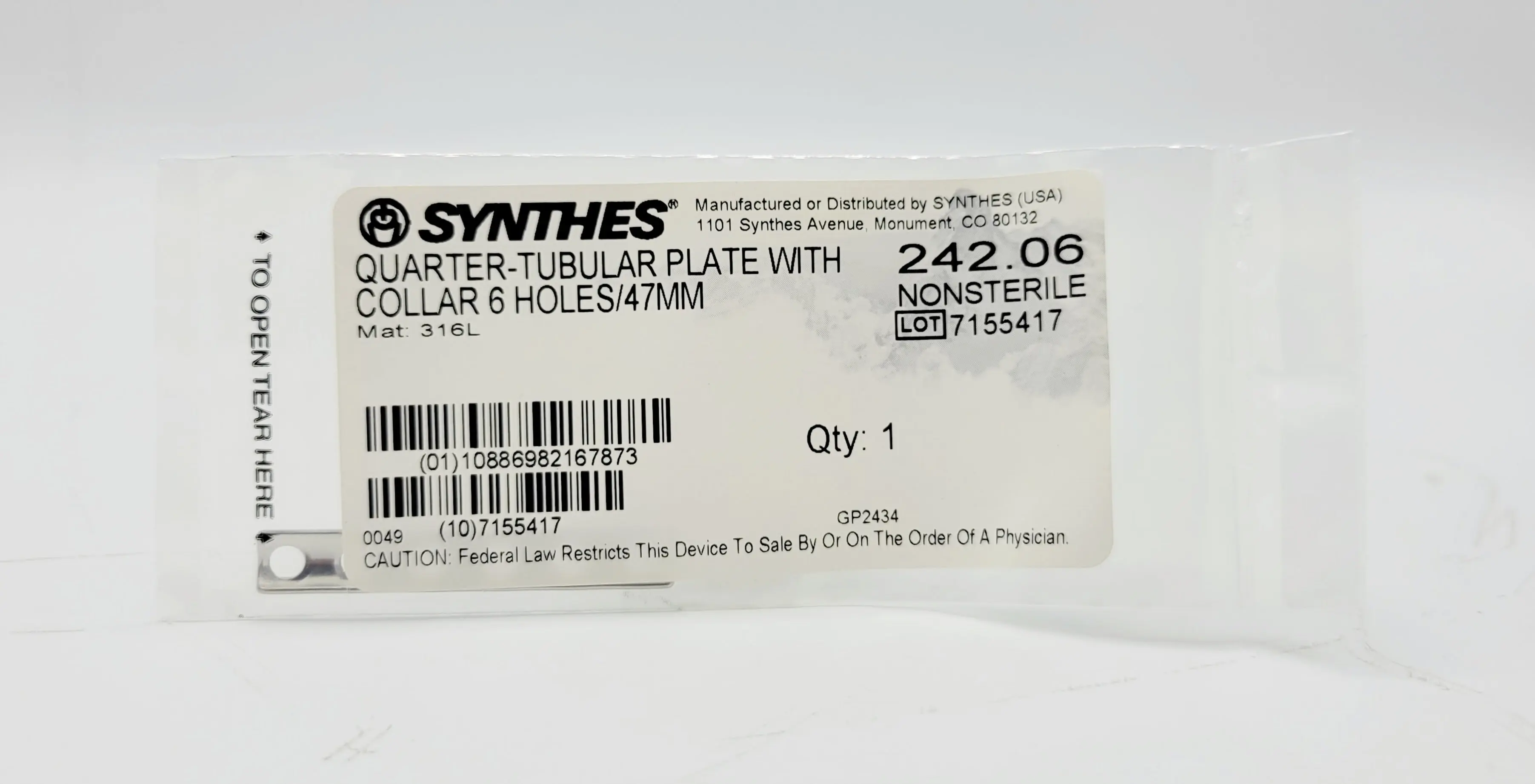 Synthes 242.06 Quarter-Tubular Plate w/ Collar 6 Holes/47mm - Image 2