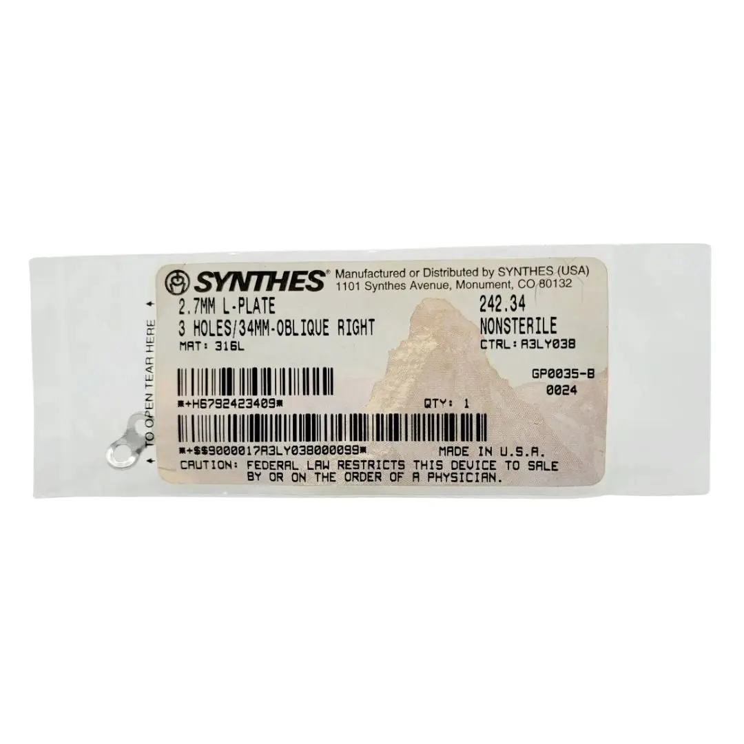 Synthes 242.34 2.7mm L-Plate 3 Holes/34mm-Oblique Right