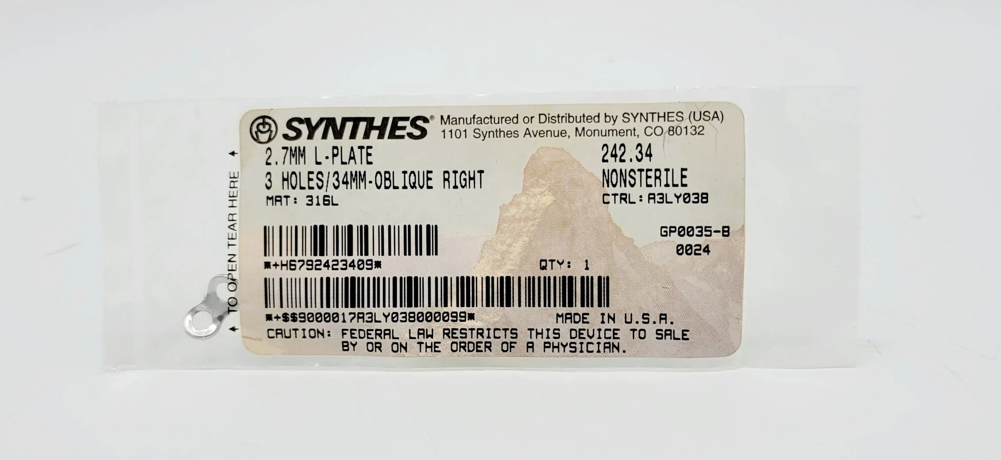 Synthes 242.34 2.7mm L-Plate 3 Holes/34mm-Oblique Right - Image 2