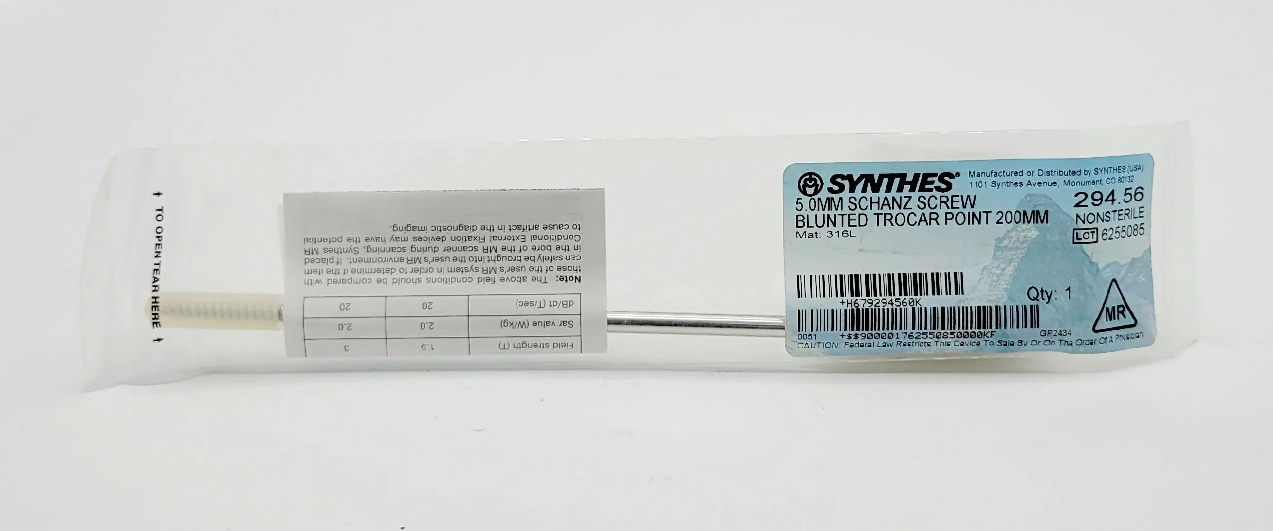 Synthes 294.56 5.0mm Schanz Screw Blunted Trocar Point 200mm - Image 2
