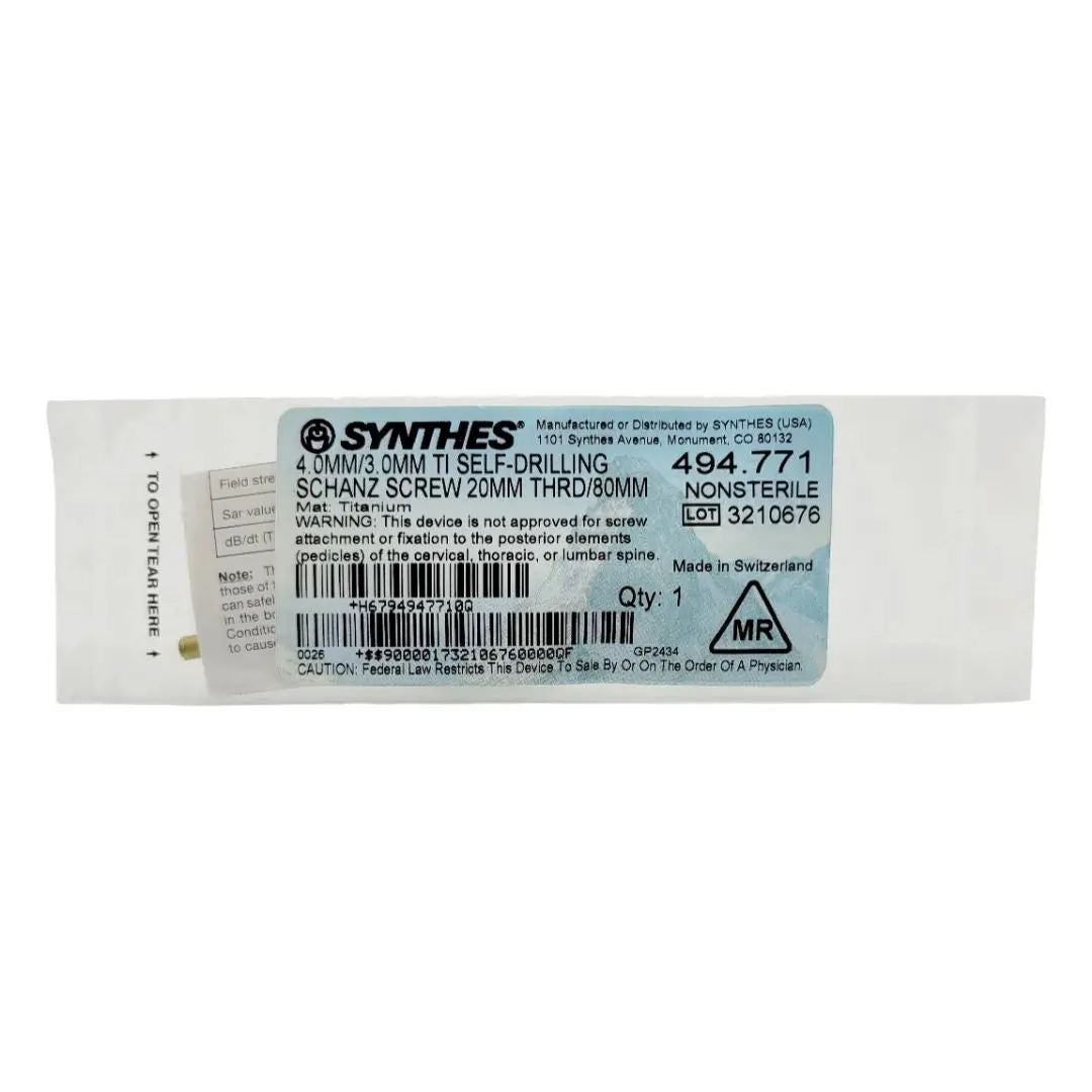 Synthes 494.771 4.0mm/3.0mm Titanium Self-drilling Schanz Screw 20mm Thread/80mm