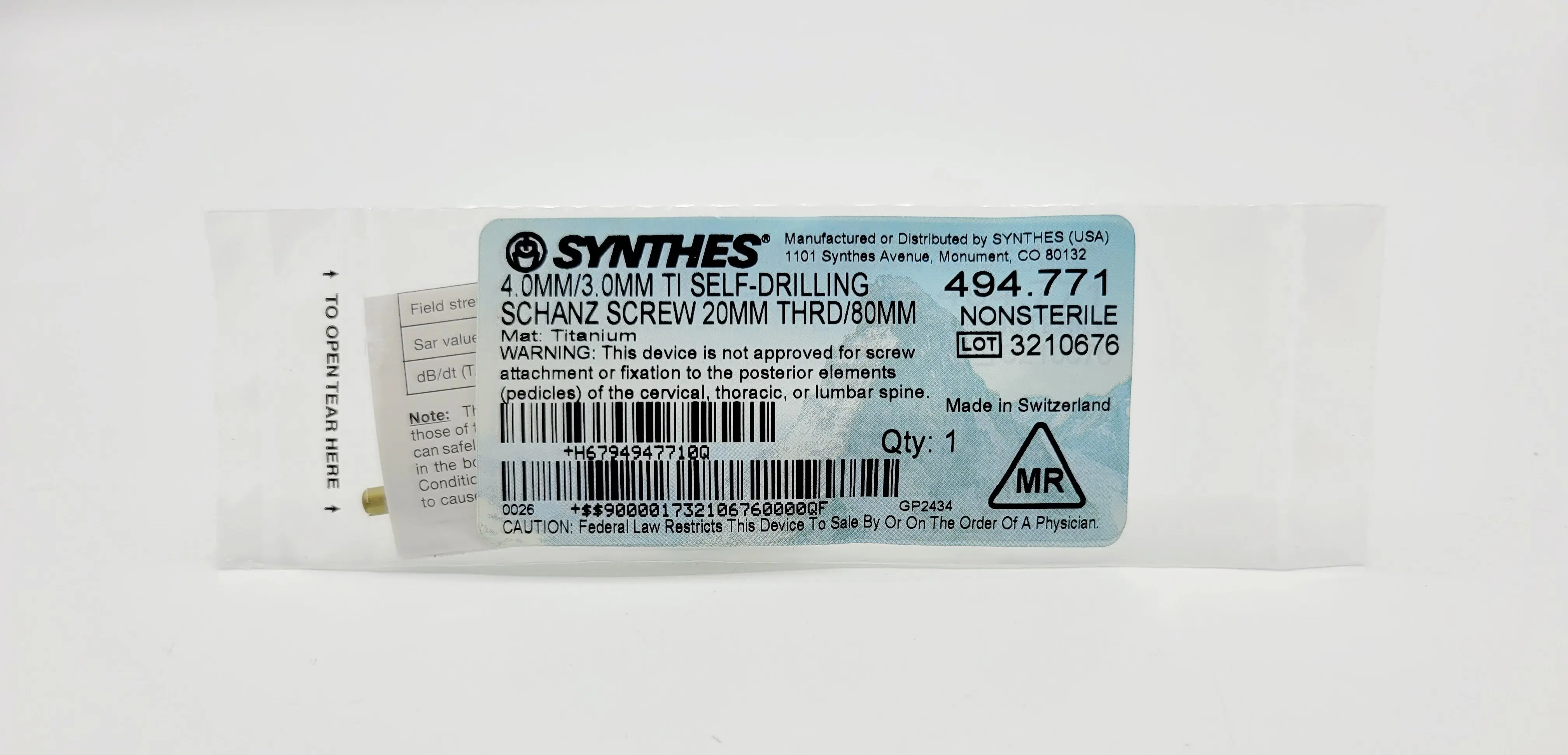 Synthes 494.771 4.0mm/3.0mm Titanium Self-drilling Schanz Screw 20mm Thread/80mm - Image 2
