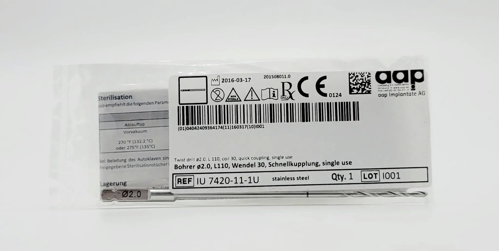 aap Implantate AG IU 7420-11-1U 2.0mm Twist Drill Quick Coupling 110cm - Image 2