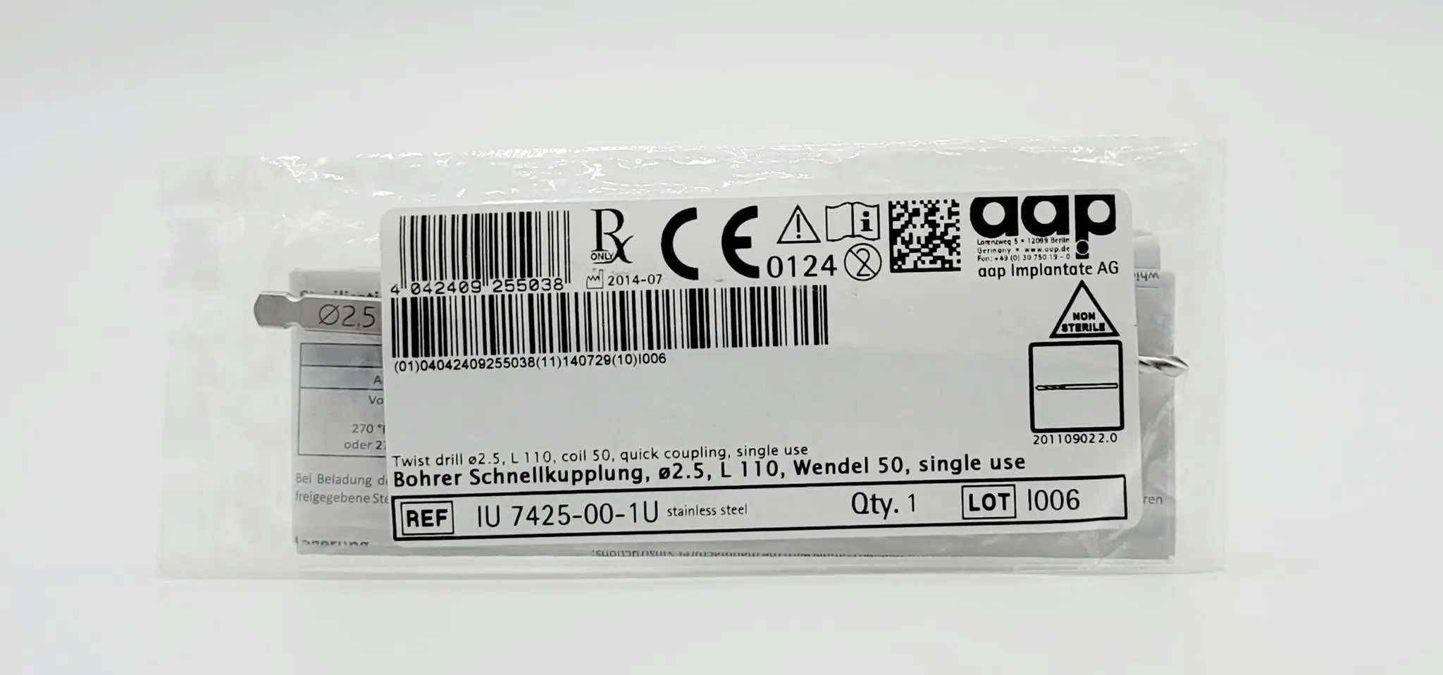 aap Implantate AG IU 7425-00-1U 2.5mm Twist Drill Quick Coupling 110cm - Image 2