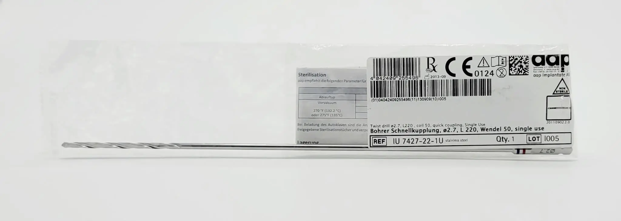 aap Implantate AG IU 7427-22-1U 2.7mm Twist Drill Quick Coupling 8-1/2" - Image 2