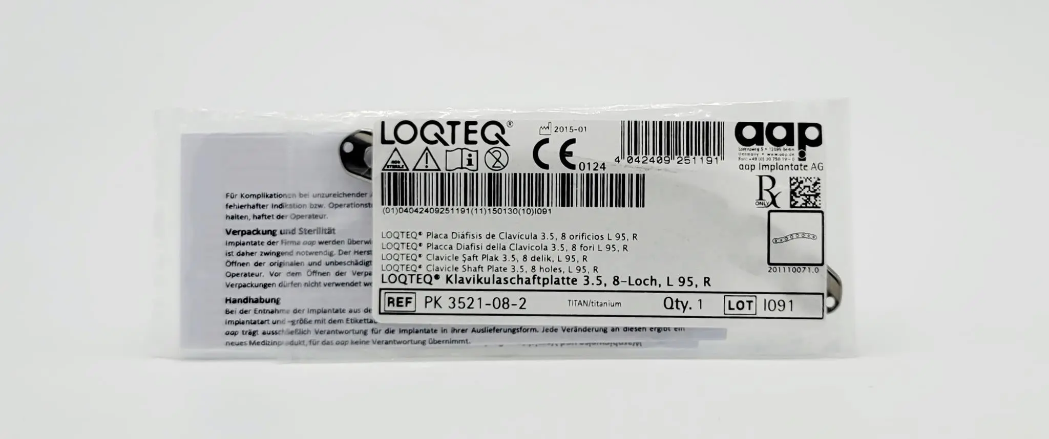 aap Implantate AG PK 3521-08-2 LOQTEQ Clavicle Shaft Plate 3.5, 8 holes, L 101, R - Image 2