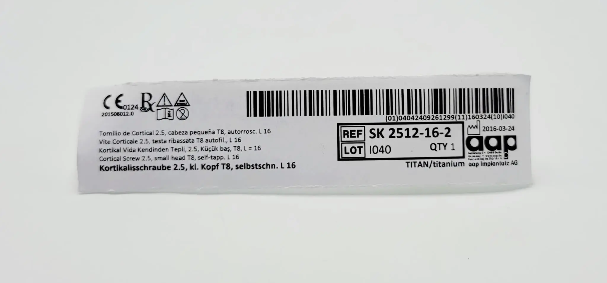 aap Implantate AG SK 2512-16-2 Cortical Screw 2.5, small head T8, self-tapp. L 16 - Image 2