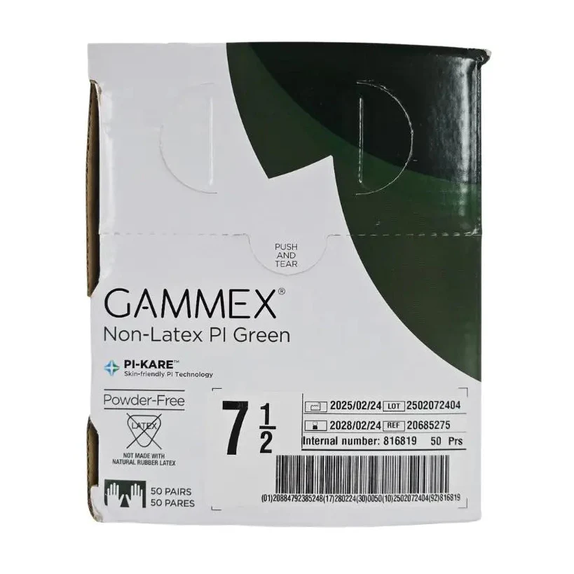 Ansell 816819 GAMMEX Non-Latex Surgical Gloves Green Size 7.5 Box of 100 (50 Pairs)