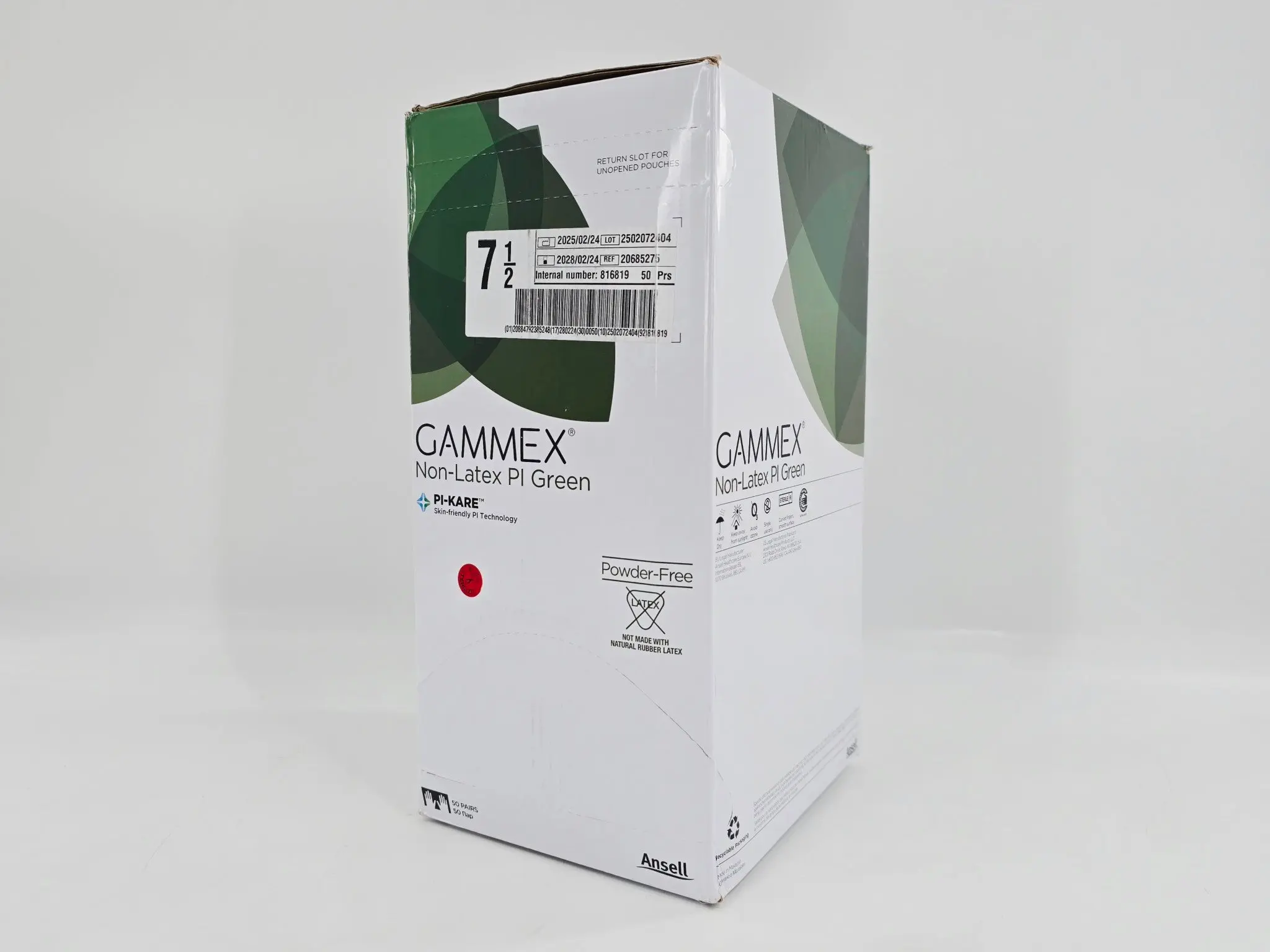 Ansell 816819 GAMMEX Non-Latex Surgical Gloves Green Size 7.5 Box of 100 (50 Pairs) - Image 2