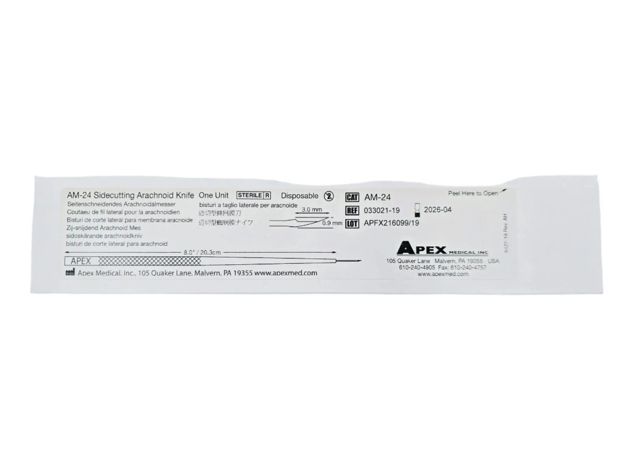 Apex Medical 033021-19 Sidecutting Arachnoid Knife Disposable 8"
