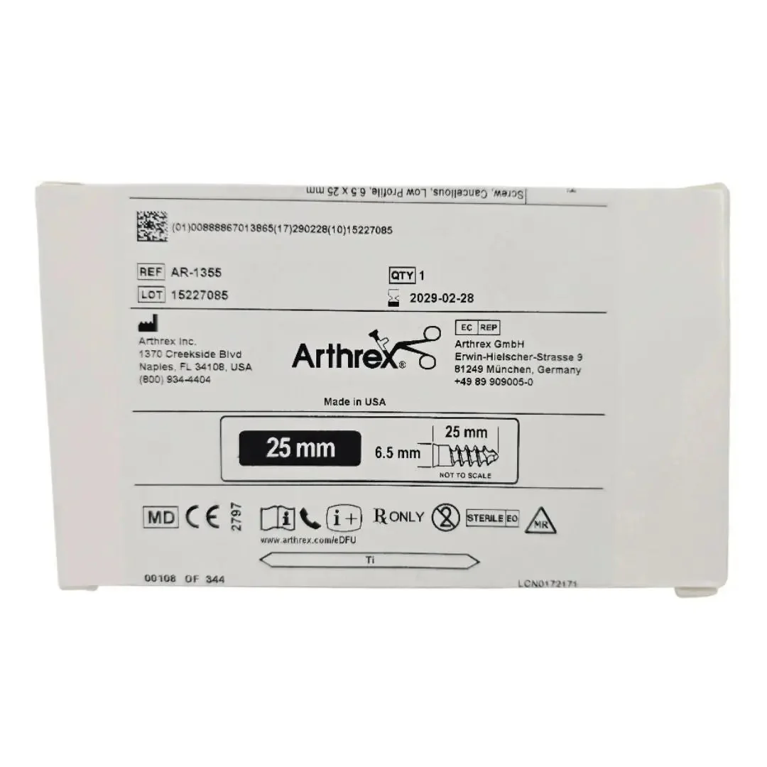 Arthrex AR-1355 Cancellous Screw Low Profile 6.5 x 25mm Titanium 1/EA