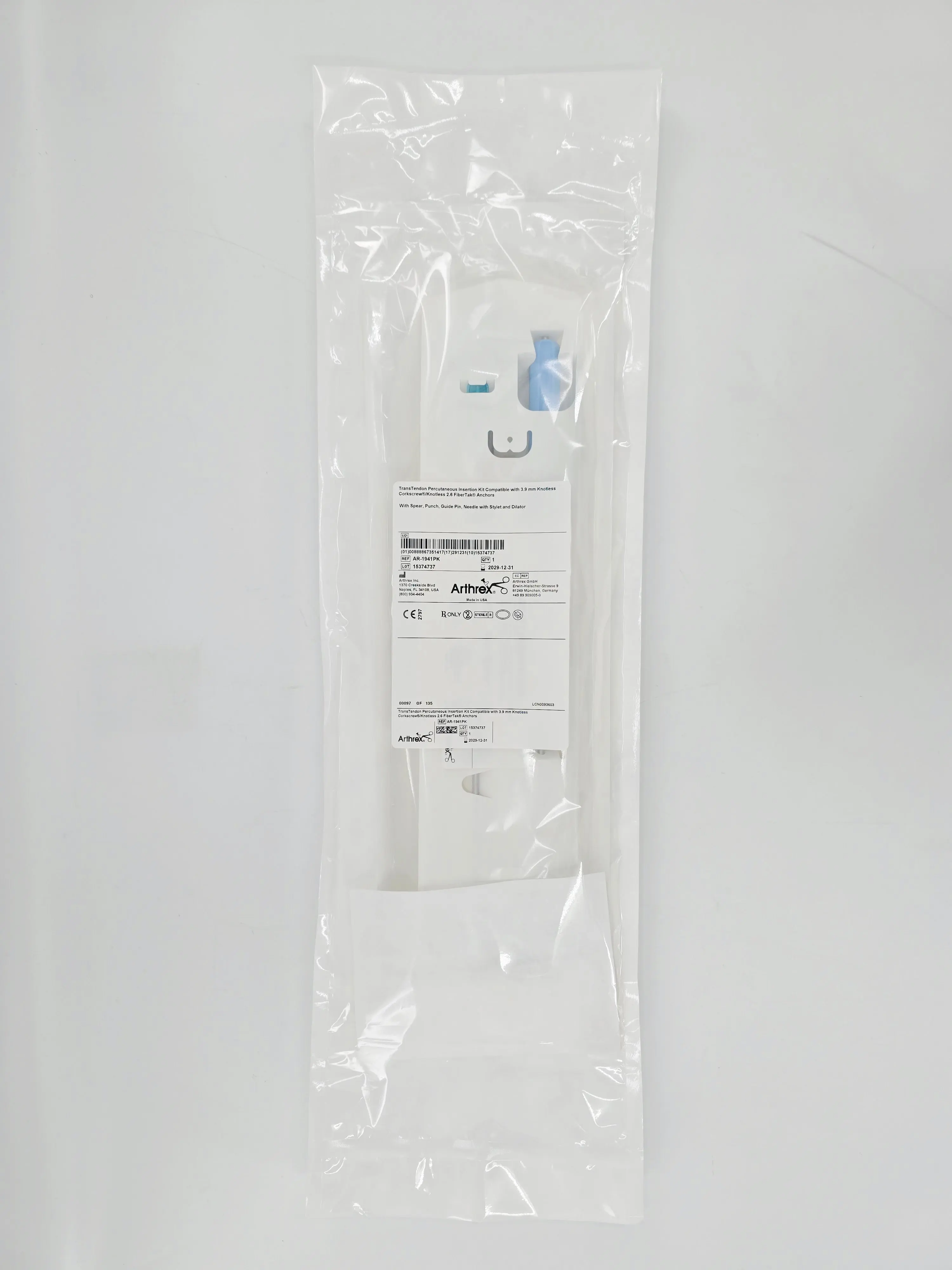 Arthrex AR-1941PK TransTendon Percutaneous Insertion Kit Compatibile w/ 3.9mm Knotless Corkscrew/ Knotless 2.6 FiberTak Anchors 1/EA - Image 2