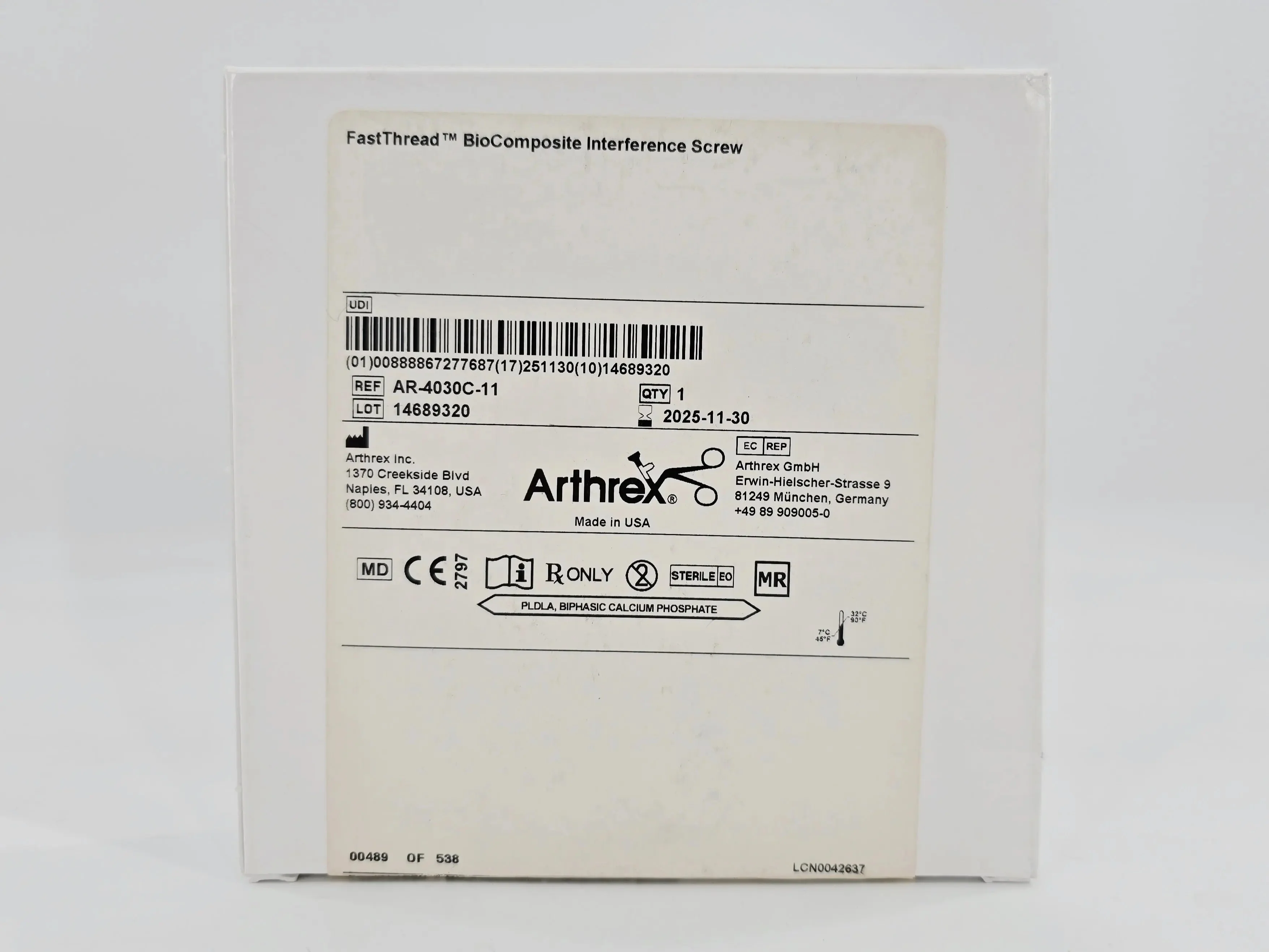 Arthrex AR-4030C-11 FastThread BioComposite Interference Screw Vented 11x30mm 1/EA - Image 2