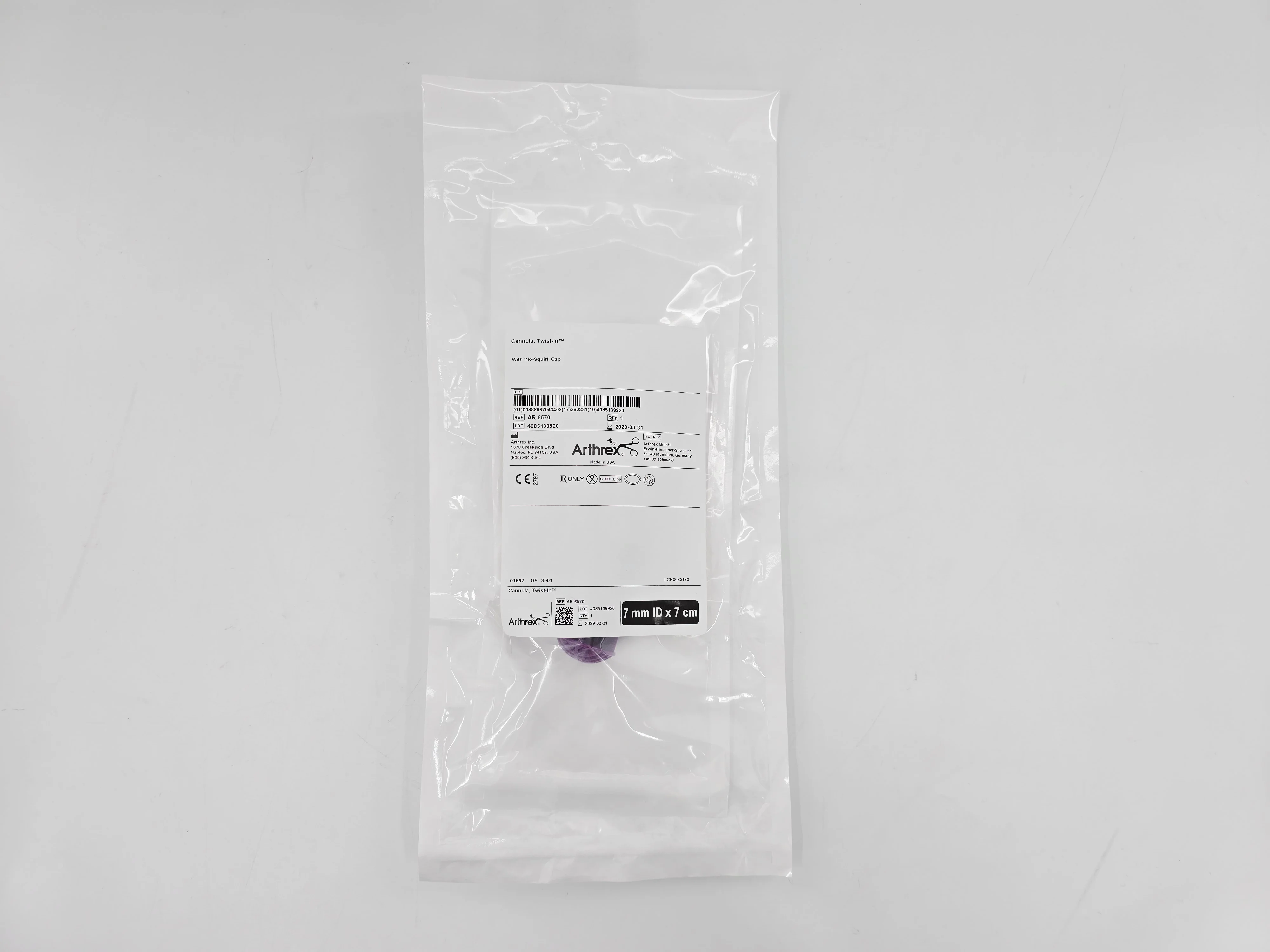 Arthrex AR-6570 Twist-In Cannula w/ No-Squirt Cap 7mm ID x 7cm 1/EA - Image 2