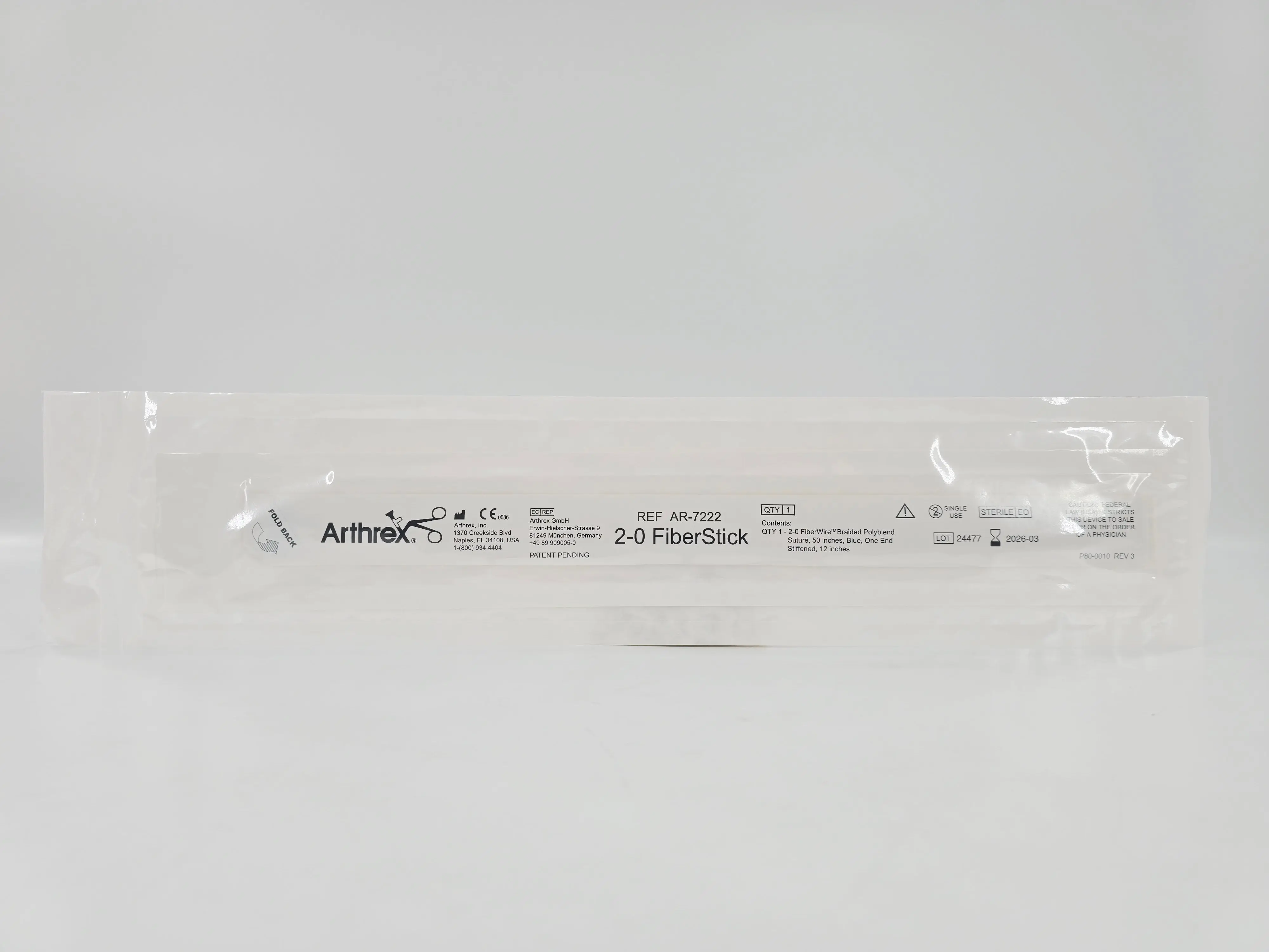 Arthrex AR-7222 2-0 FiberStick 2-0 FiberWire, 50" (blue) one end stiffened, 12" 1/EA - Image 2