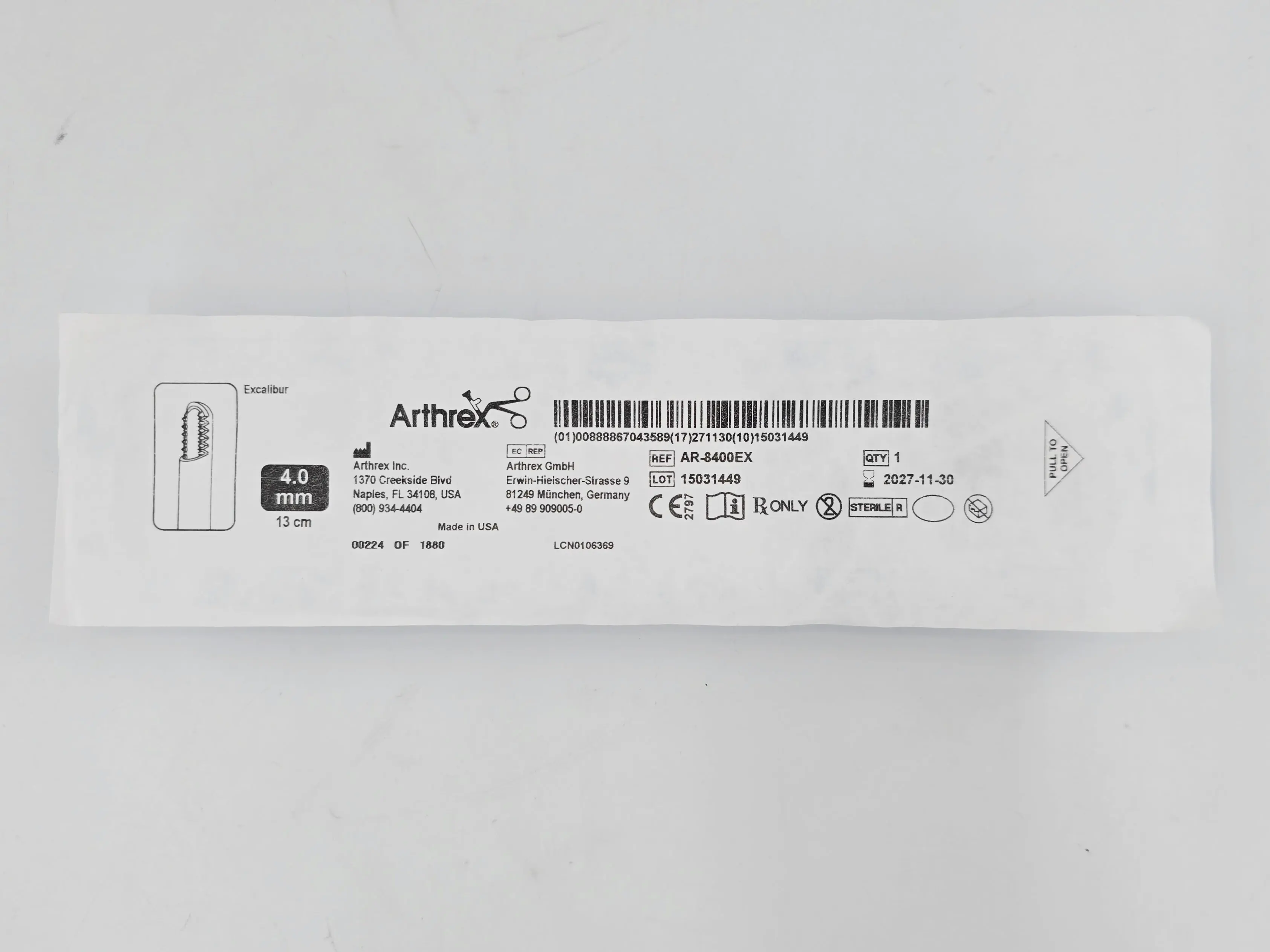 Arthrex AR-8400EX CoolCut Excalibur 4.0mm x 13cm 1/EA - Image 2