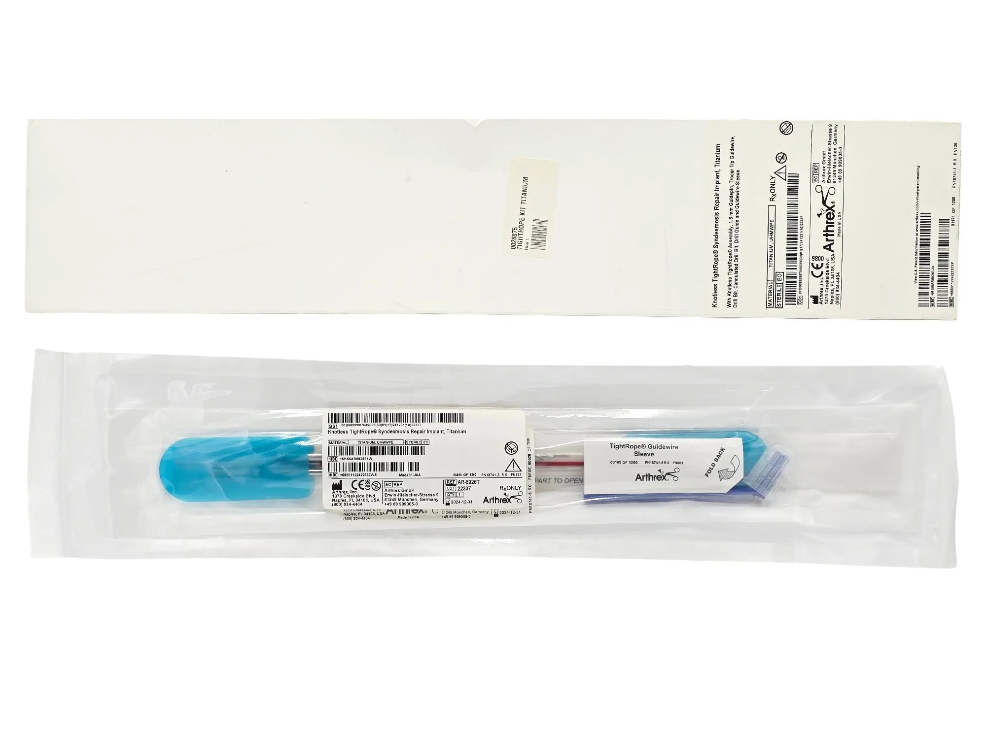 Arthrex AR-8926T Knotless Tightrope Syndesmosis Repair Implant Titanium