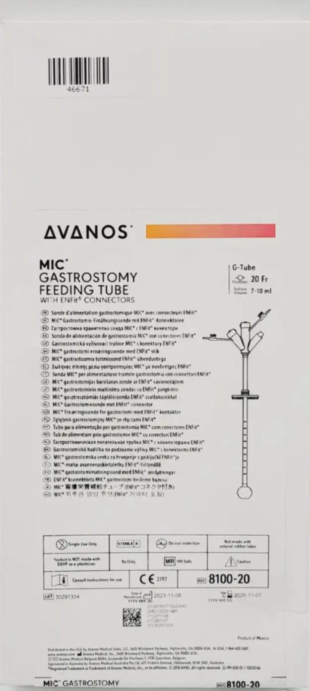 Avanos 8100-20 Gastrostomy Feeding Tube w/ ENFIT Connectors 20Fr - Image 4