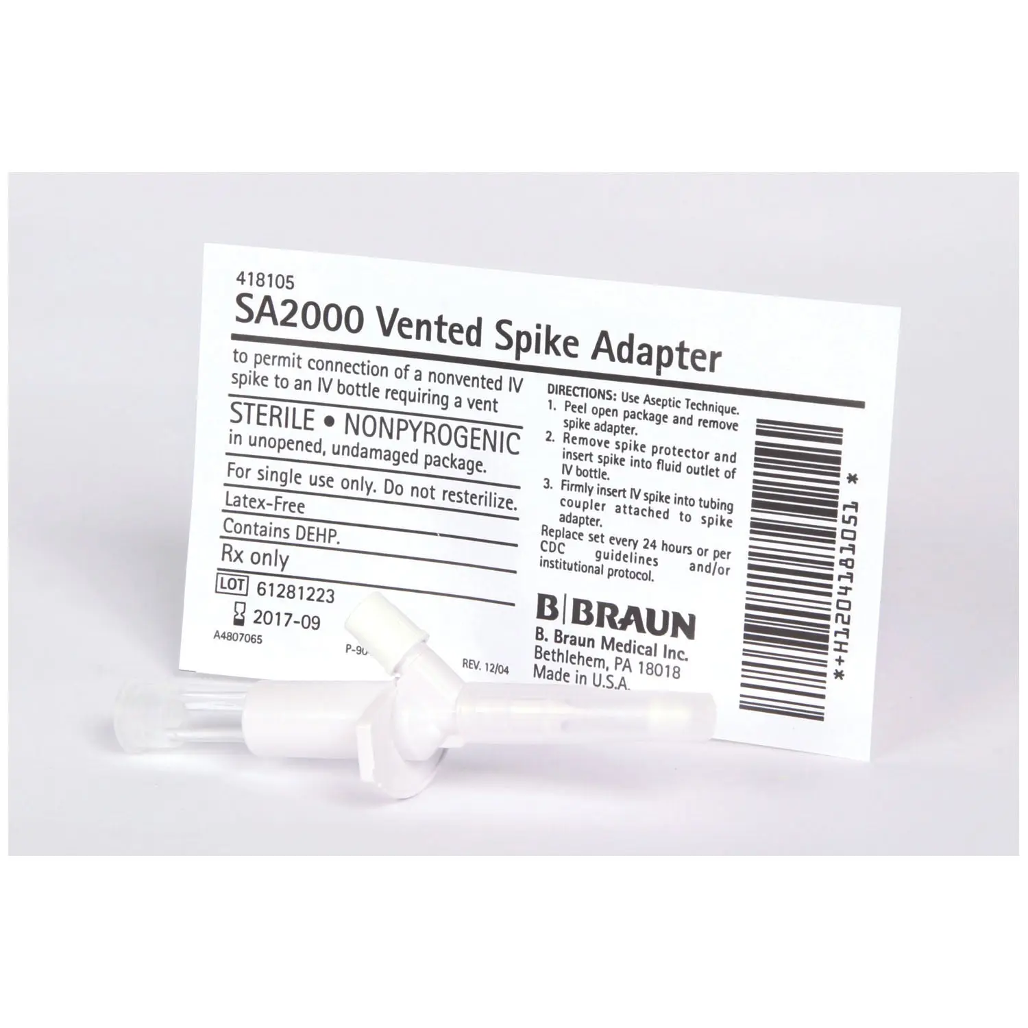 B BRAUN 418105 ADMIXTURE ACCESSORIES Vented Spike Adapter to Permit Connection of Non-Vented IV Spike to IV Bottle Requiring a Vent, Latex Free (LF), 50/cs