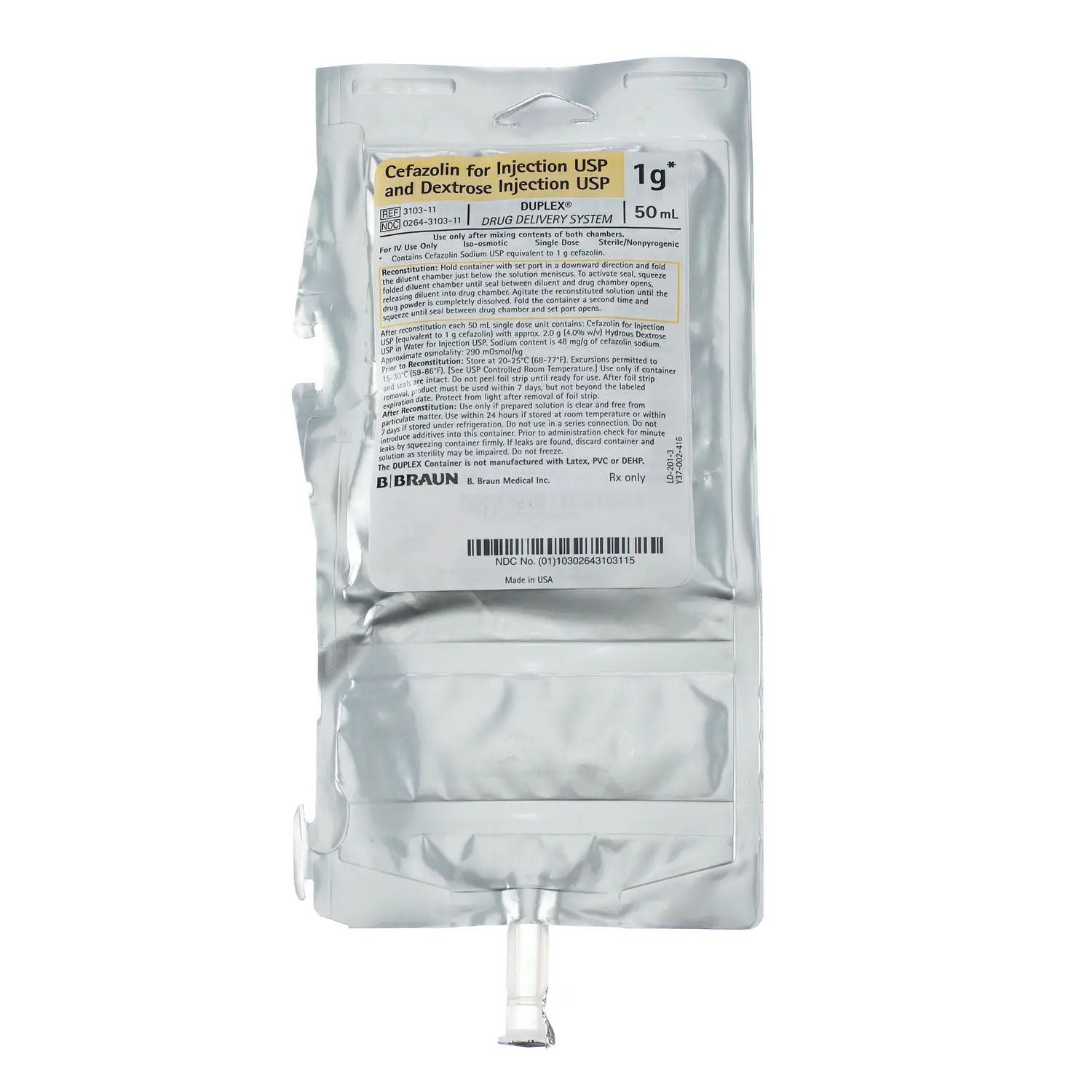 B BRAUN 3103-11 DUPLEX DRUG DELIVERY SYSTEM 1g Cefazolin For Injection USP & Dextrose Injection USP, 50mL, 24/cs (147 cs/plt)