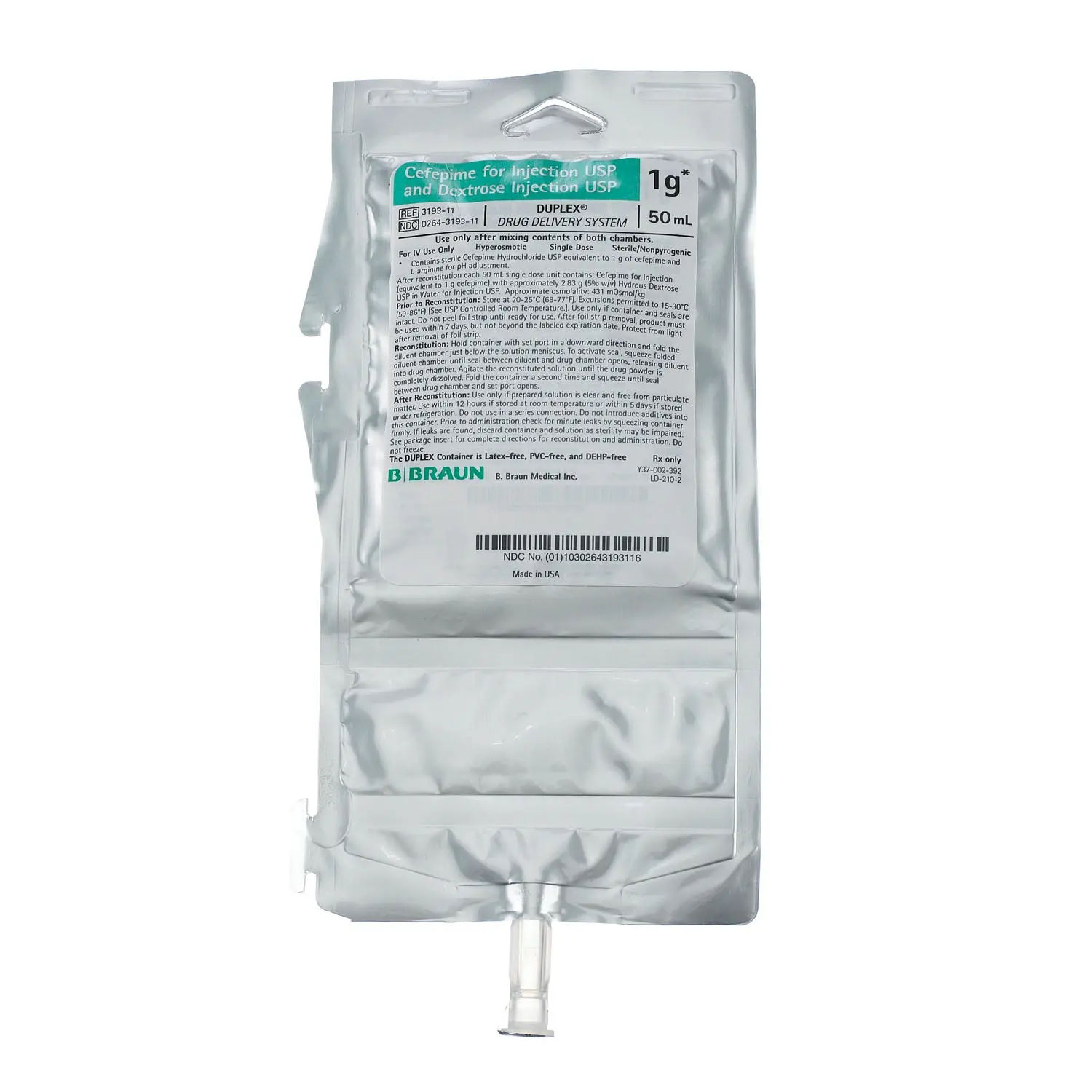 B BRAUN 3193-11 DUPLEX DRUG DELIVERY SYSTEM 1g Cefepime For Injection USP & Dextrose Injection, 50mL, 24/cs
